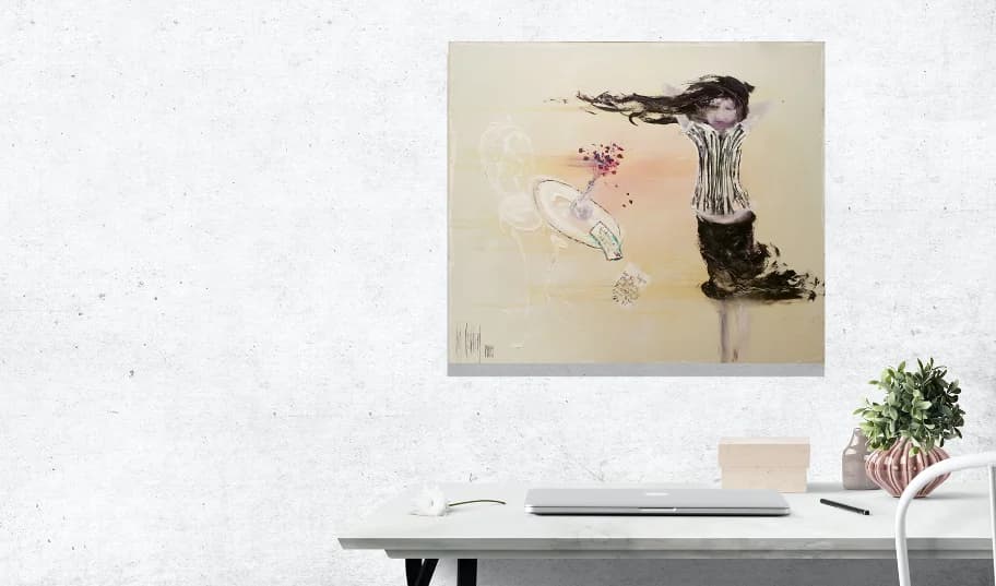 Dancer: girl with wild dark hair beside table with flowers, soft cream and peach palette. Original painting by Kim Kennedy.