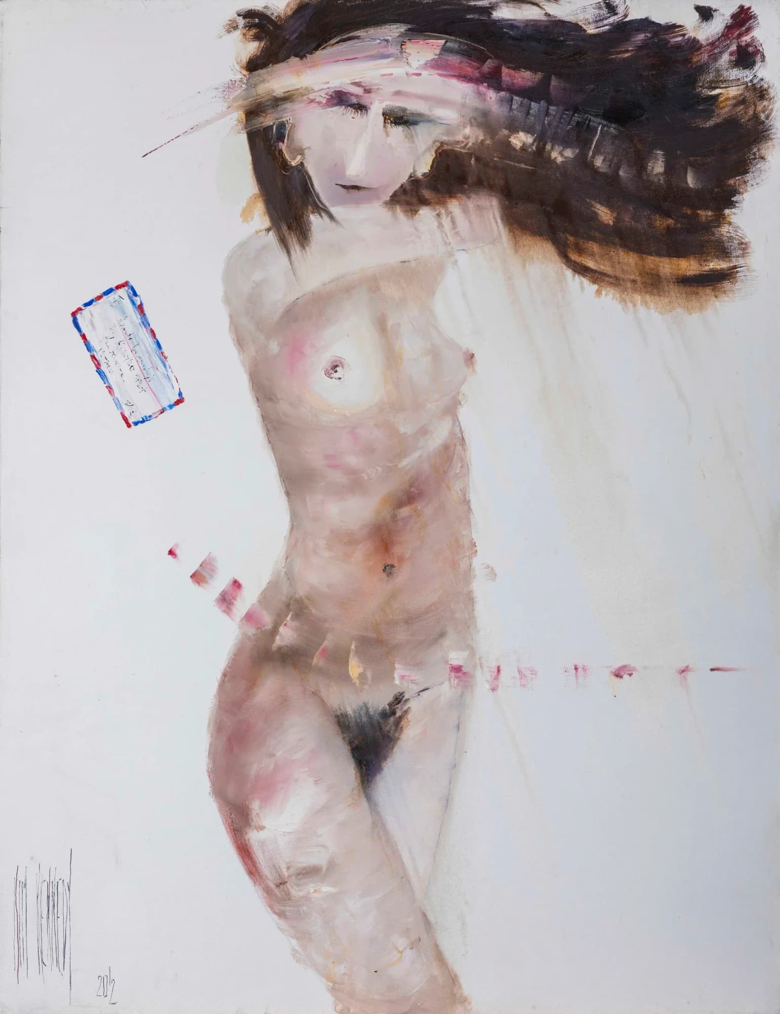 Dear Jane Letter: nude female figure with flowing dark hair and airmail envelope, pale white ground. Original painting by Kim Kennedy.
