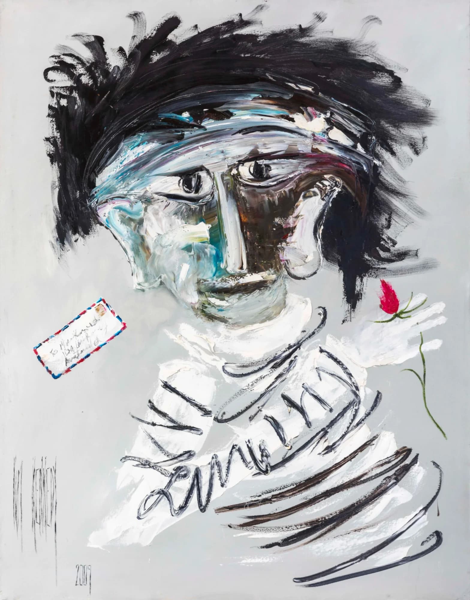 Dear John Letter: expressive male portrait with dark hair, airmail envelope and red rose, grey ground. Original painting by Kim Kennedy.