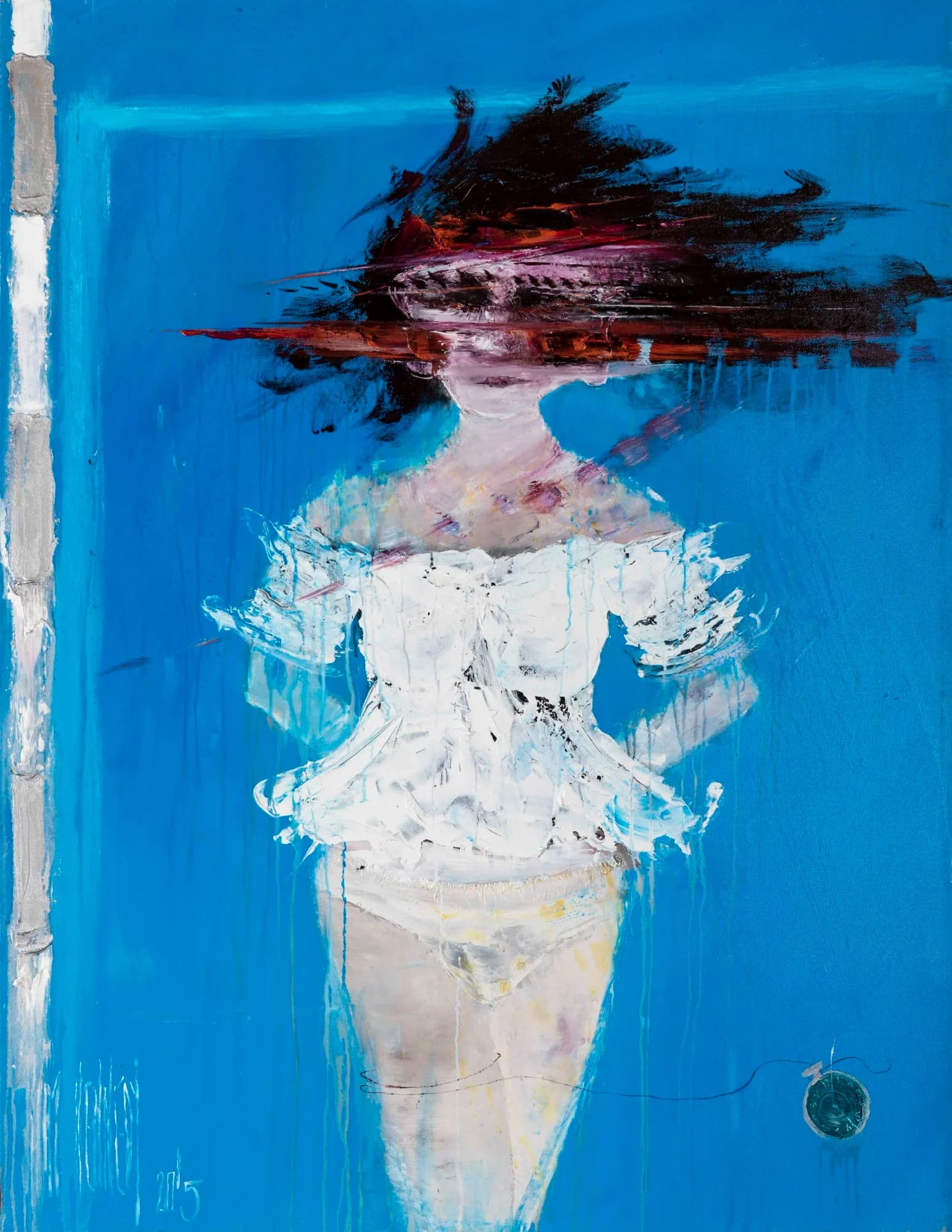 Dreaming In The Rain: woman in white corseted dress, wild dark red hair, vivid blue dripping background. Original painting by Kim Kennedy.