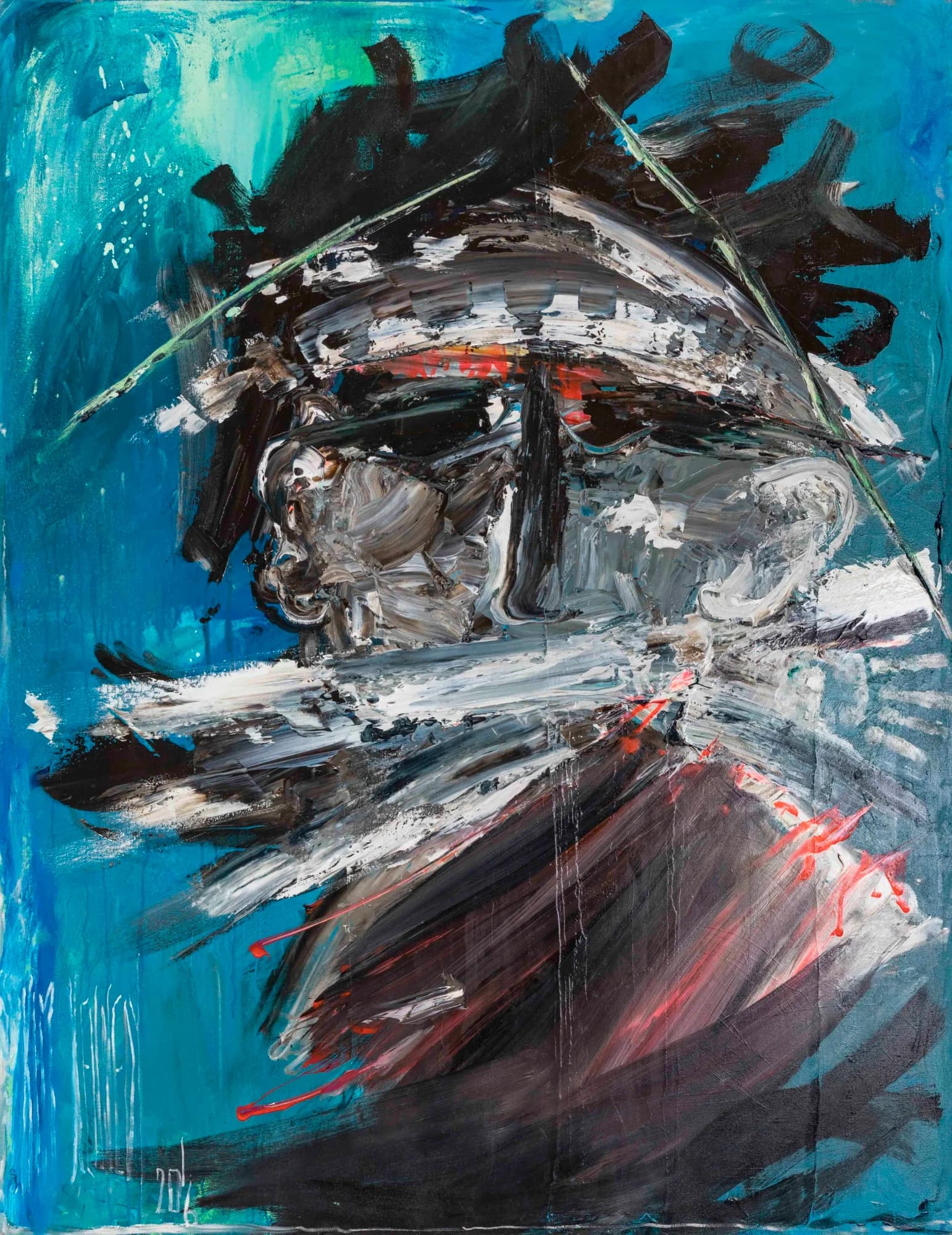 Fear of the Internet: turbulent impasto head in blacks, whites and reds on teal-blue ground. Original painting by Kim Kennedy.