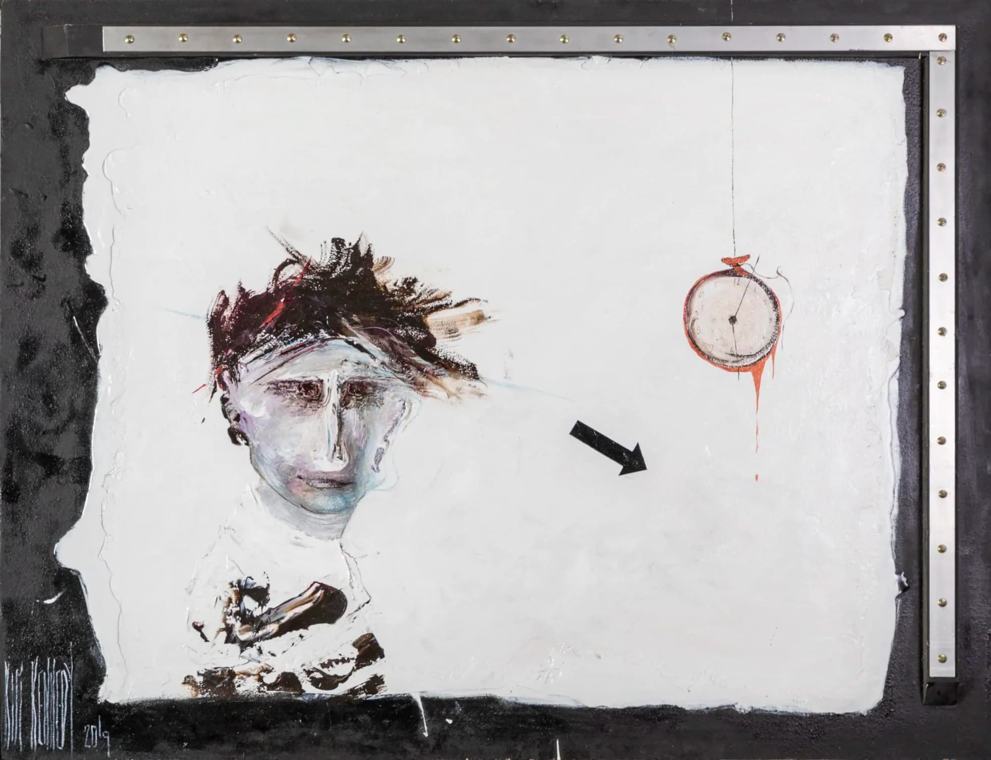 Figurative Study No. 1: pale portrait of tousle-haired figure with clock and arrow, white ground, black steel frame. Original painting by Kim Kennedy.