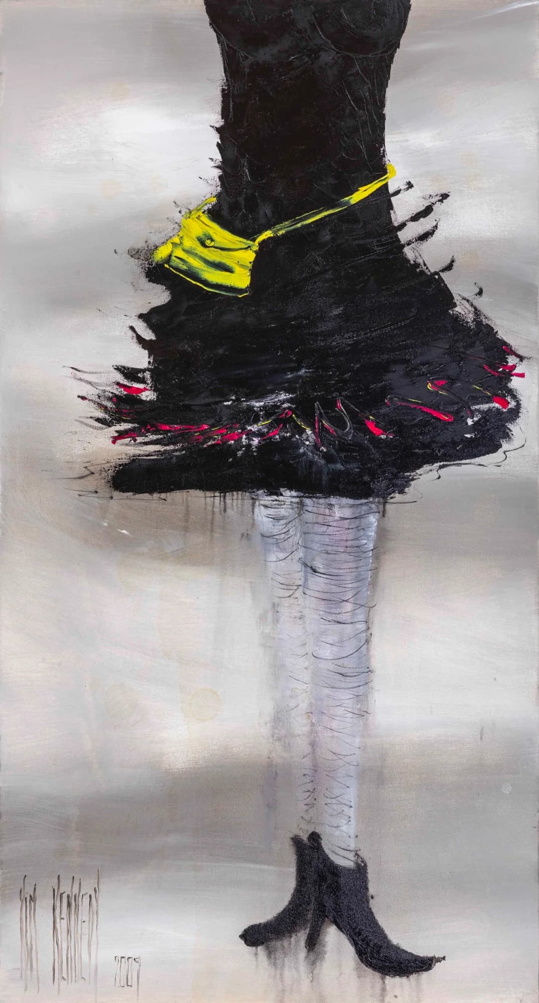 Figurative Study No. 10: figure in black ruffled skirt with yellow bag, white stockings and black boots, silvery ground. Original painting by Kim Kennedy.