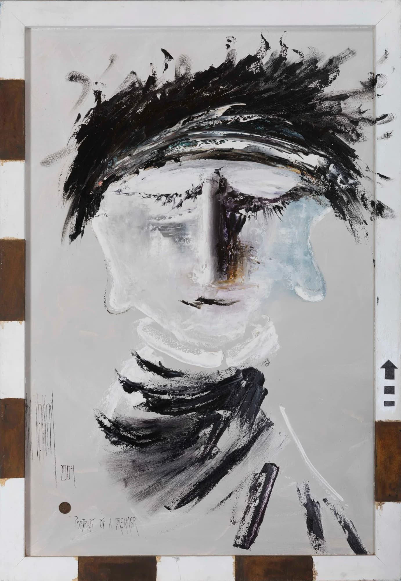 Figurative Study No. 11: black and white gestural portrait head in scarf, grey ground, rustic checkered frame. Original painting by Kim Kennedy.