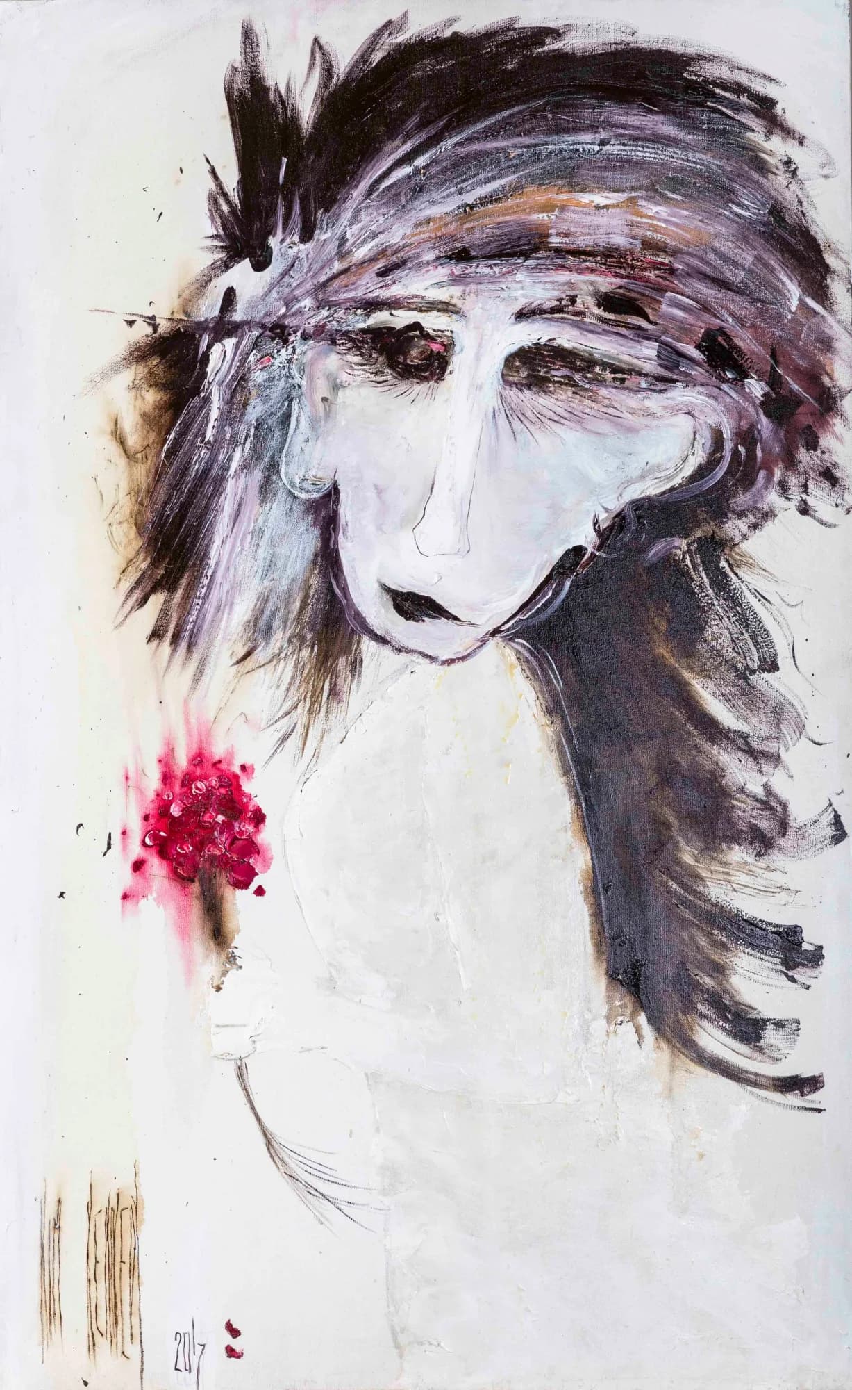 Figurative Study No. 2: melancholy woman with sweeping mauve-black hair holding red posy, cream ground. Original painting by Kim Kennedy.