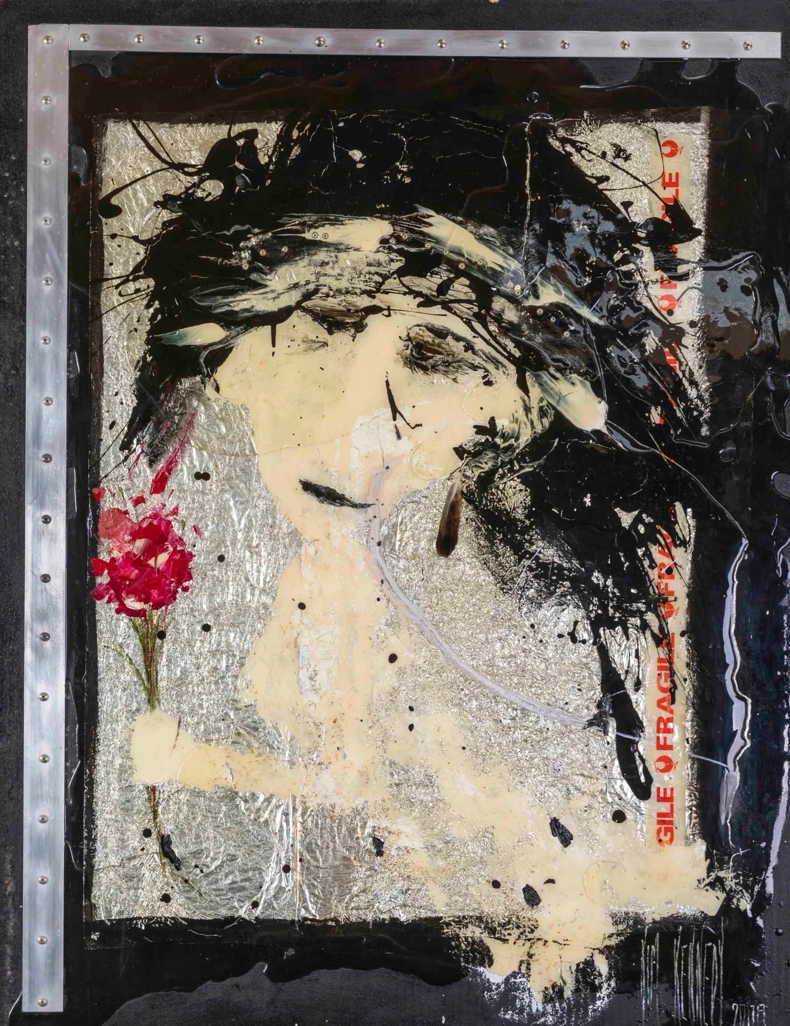 Figurative Study No. 3: mixed-media portrait with red flowers on silver foil, black resin and fragile stencil text. Original painting by Kim Kennedy.
