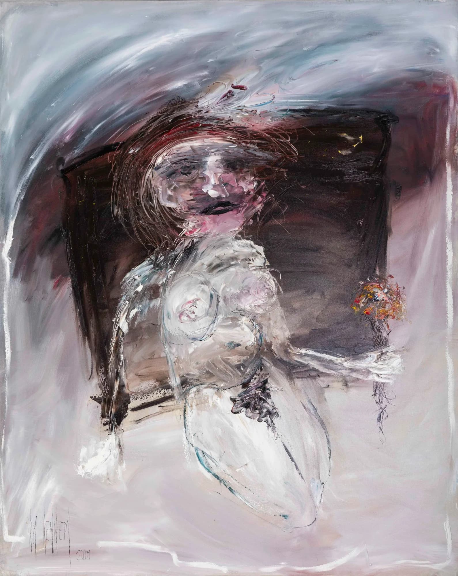 Figurative Study No. 4: swirling seated nude figure in whites and pinks against dark mass, stormy brushwork. Original painting by Kim Kennedy.