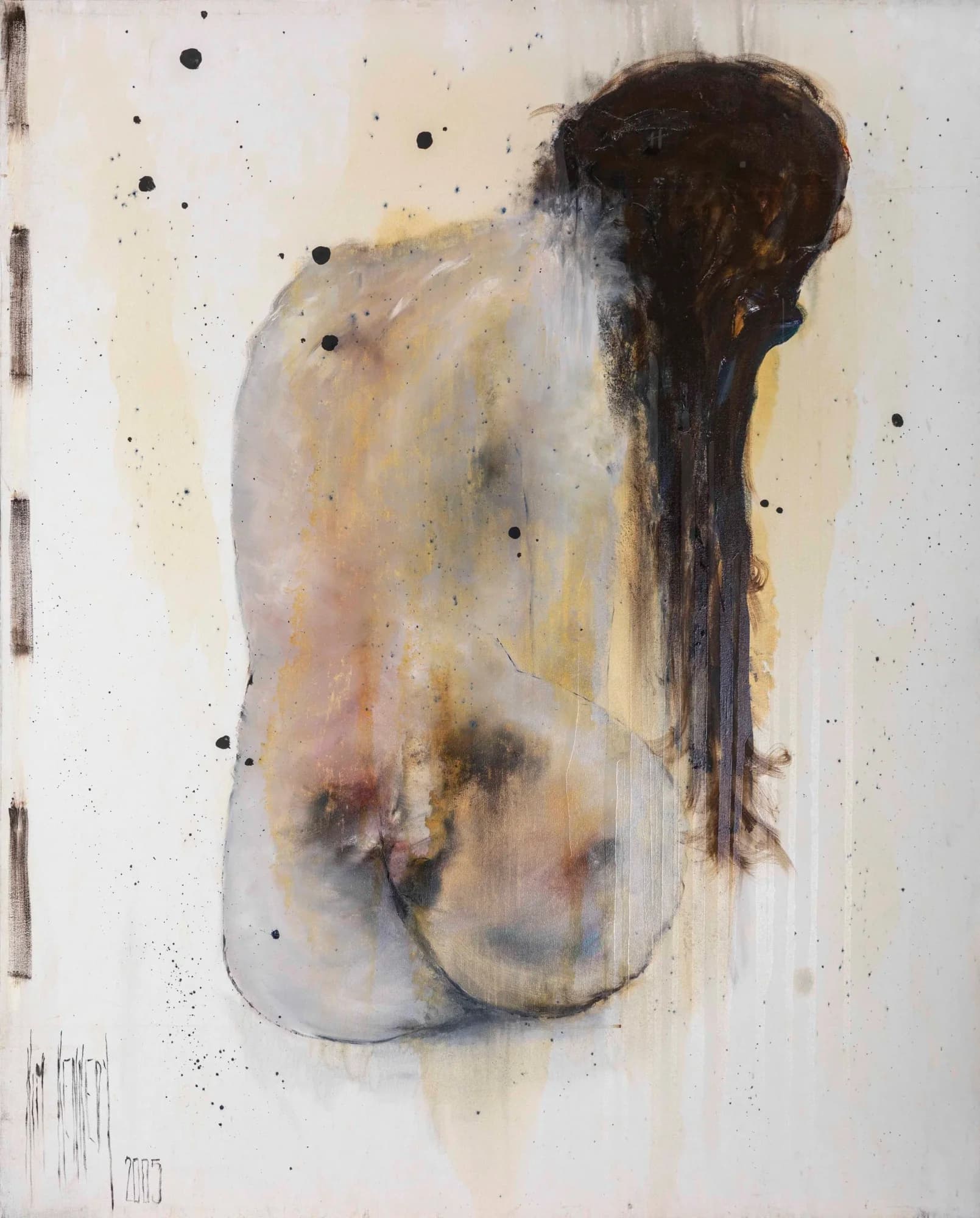 Figurative Study No. 5: seated nude woman from behind, long dark hair, cream and ochre washes. Original painting by Kim Kennedy.