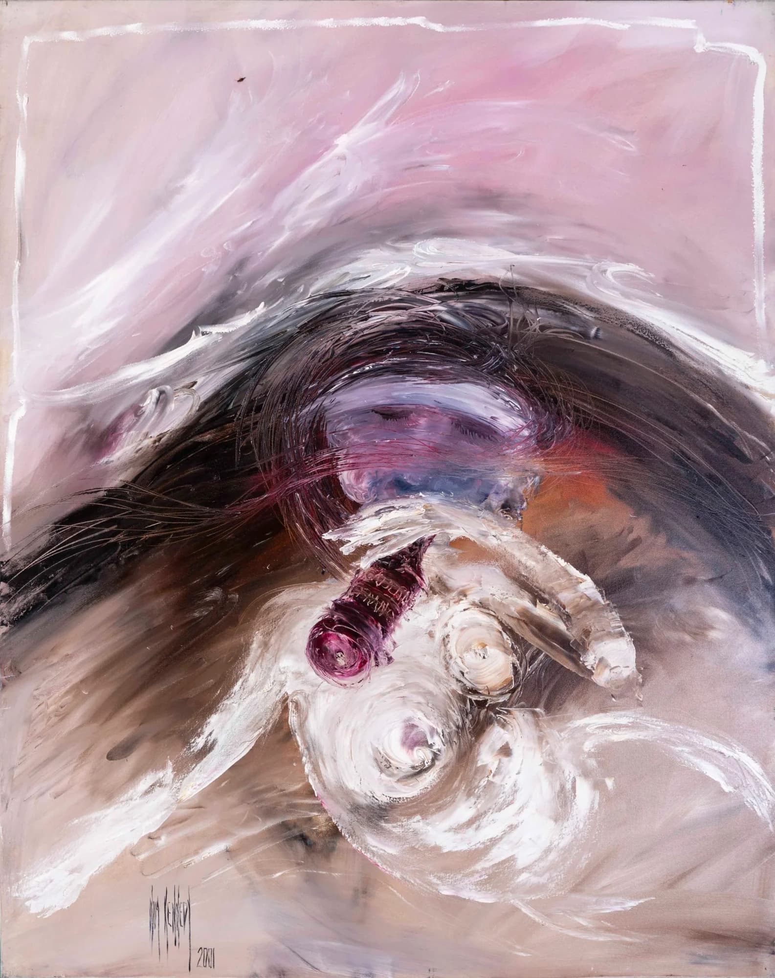 Figurative Study No. 6: abstracted reclining nude beneath sweeping dark arc, pink white and plum strokes. Original painting by Kim Kennedy.