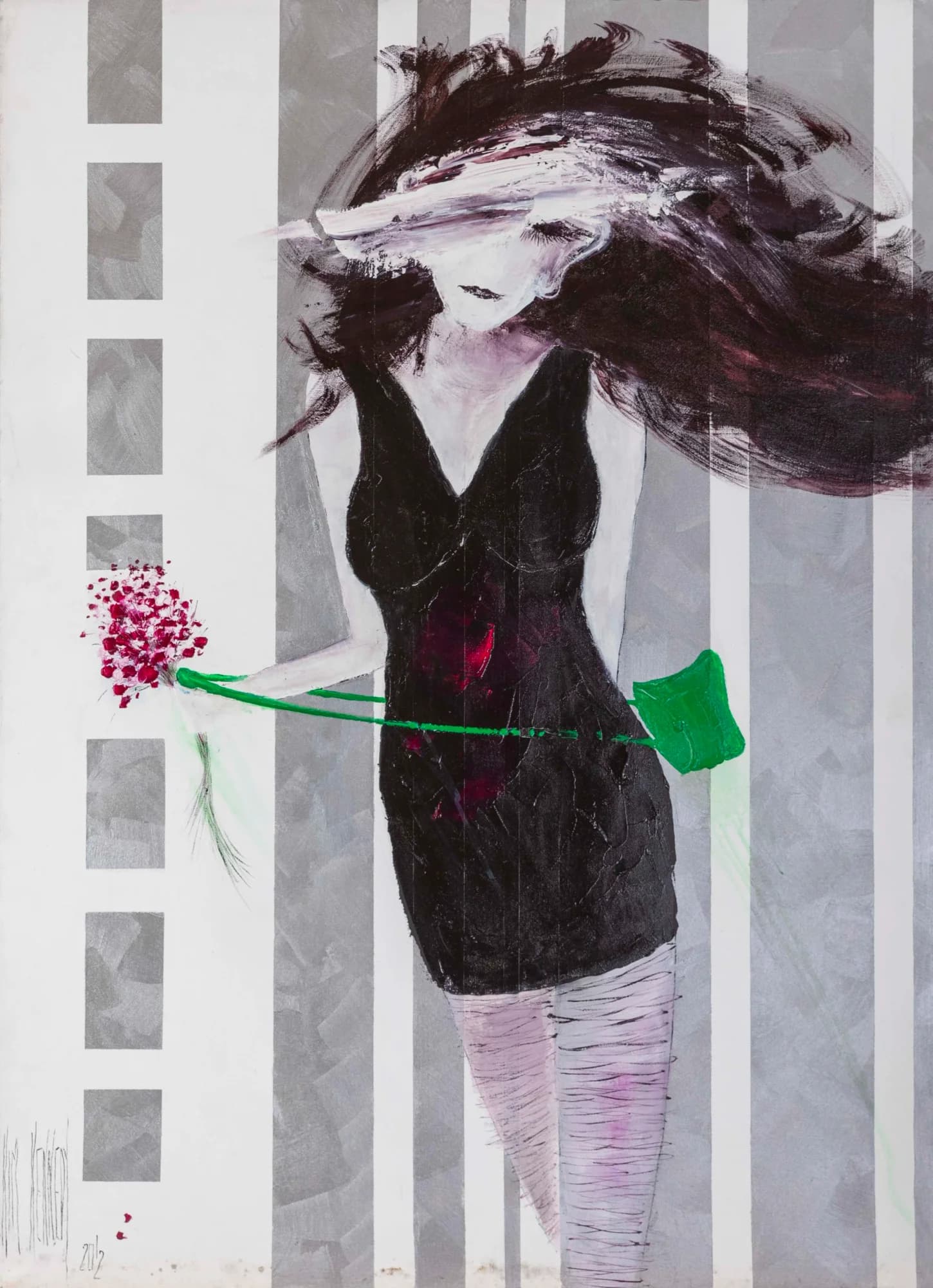 Figurative Study No. 7: woman in black dress with windswept dark hair holding red flowers, grey stripes. Original painting by Kim Kennedy.