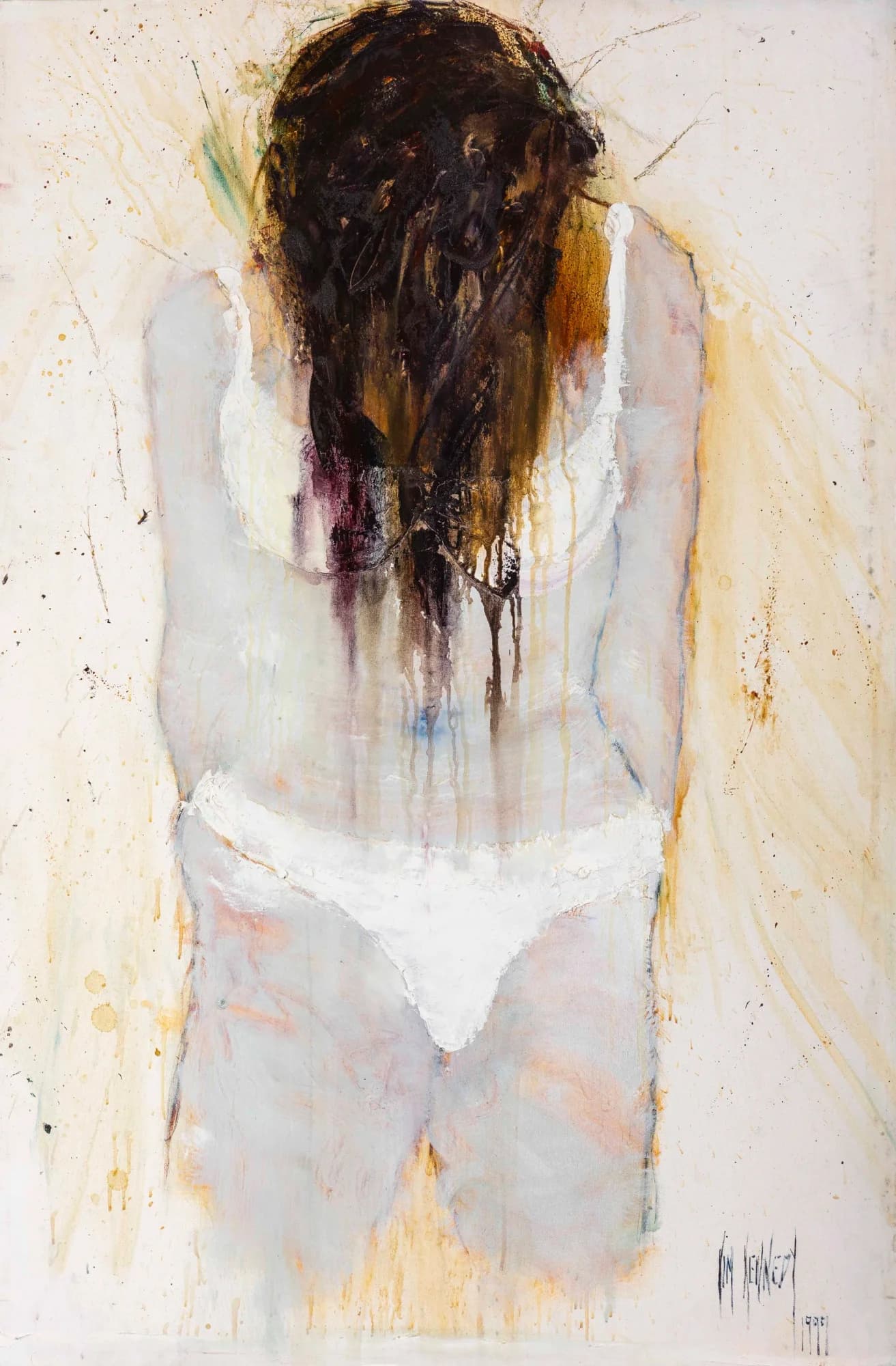 Figurative Study No. 8: woman in white underwear seen from behind, dark dripping hair, warm ochre ground. Original painting by Kim Kennedy.
