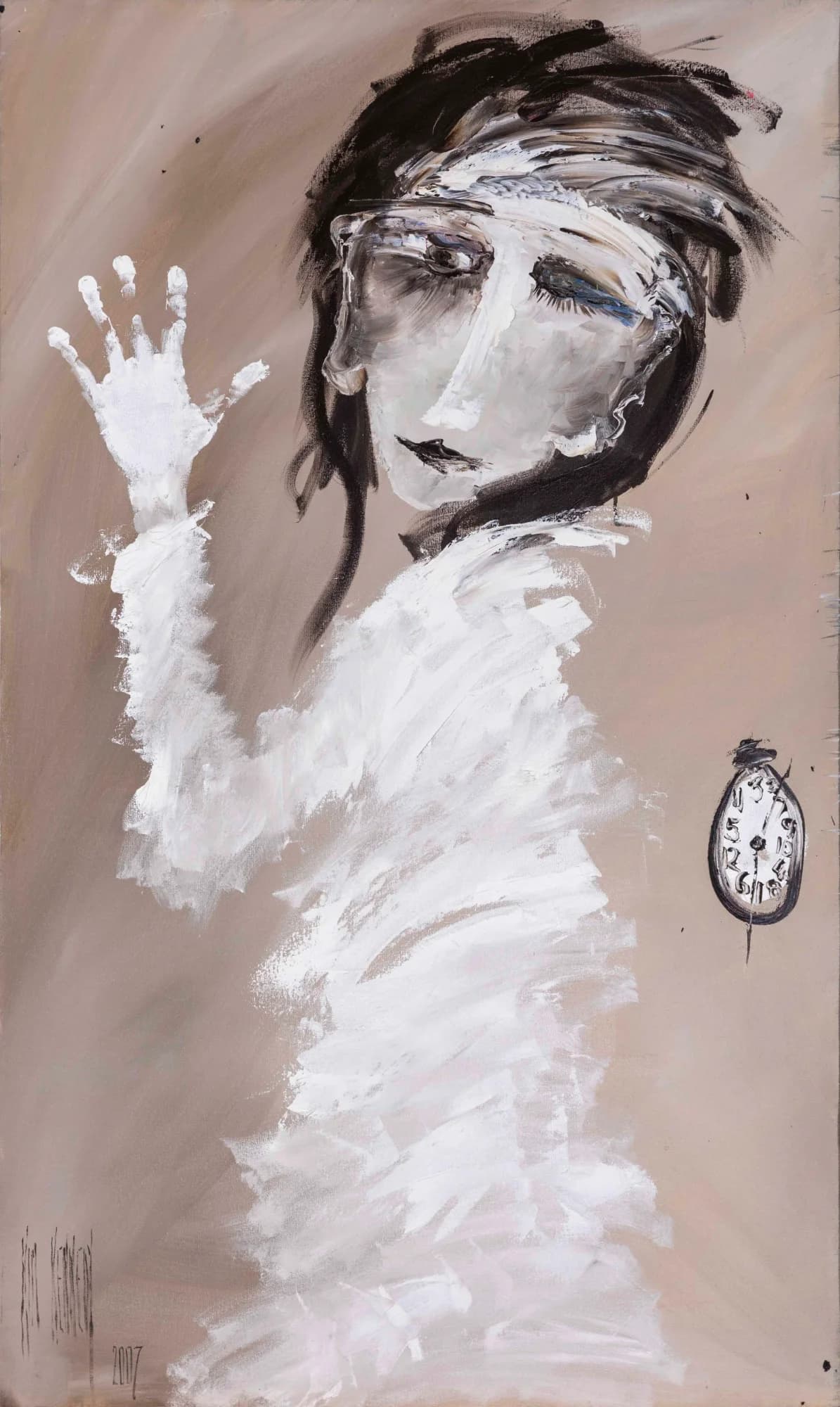Figurative Study No. 9: stylised woman in white raising hand, small clock, taupe background. Original painting by Kim Kennedy.