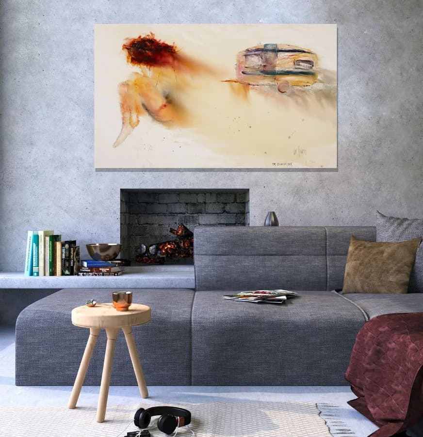 Girl at Caravan Park: soft sepia painting of reclining girl and caravan, shown above grey lounge. Original painting by Kim Kennedy.