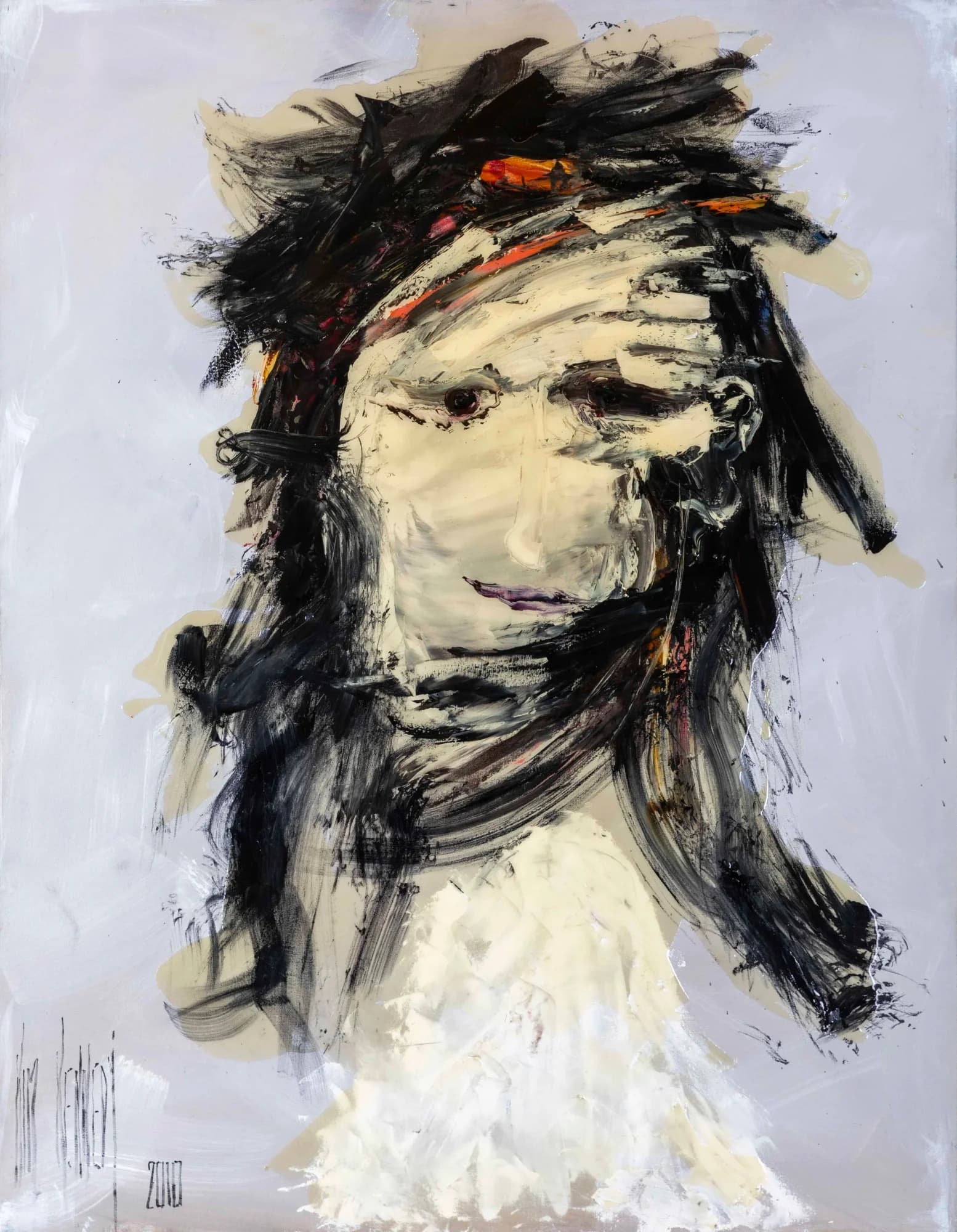 Girl with Wild Hair: expressive portrait of pale-faced girl with wild black hair, lilac-grey ground. Original painting by Kim Kennedy.