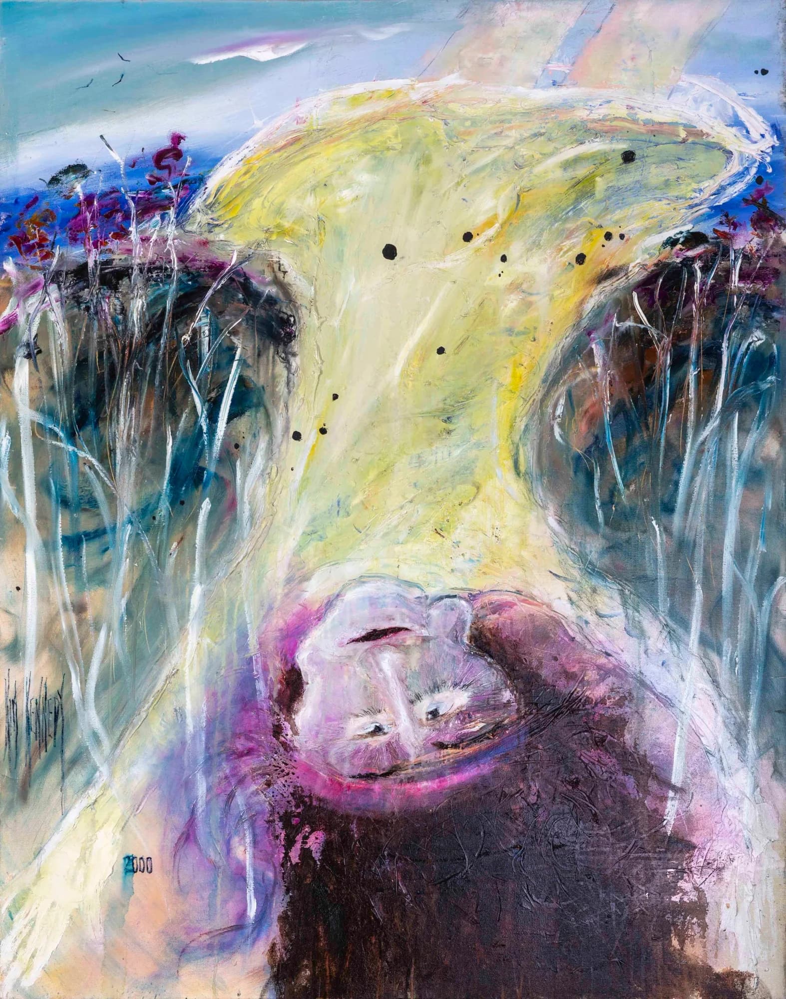 Hand Stands: upside-down girl doing handstand in grassy field, purple blue and yellow. Original painting by Kim Kennedy.