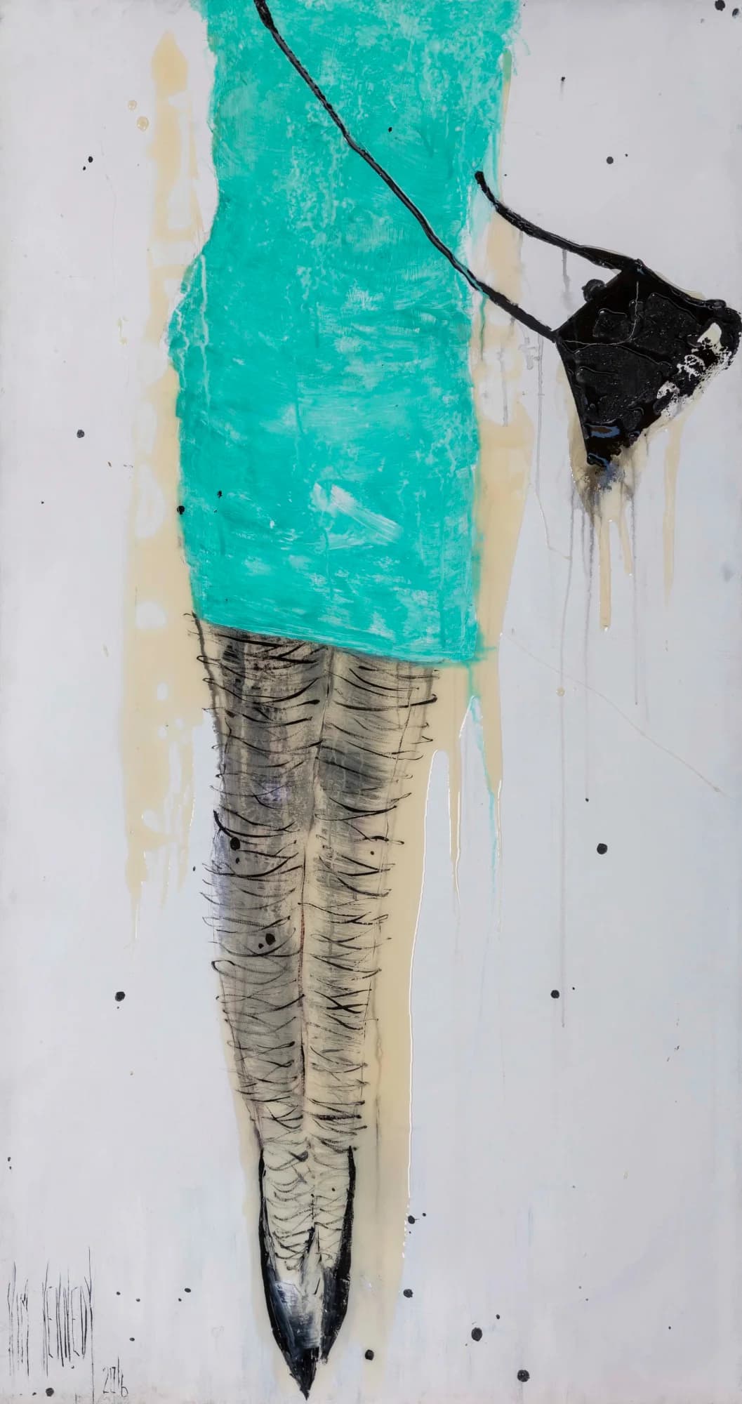 Jade: cropped figure in turquoise dress with black handbag and sketched grey legs. Original painting by Kim Kennedy.