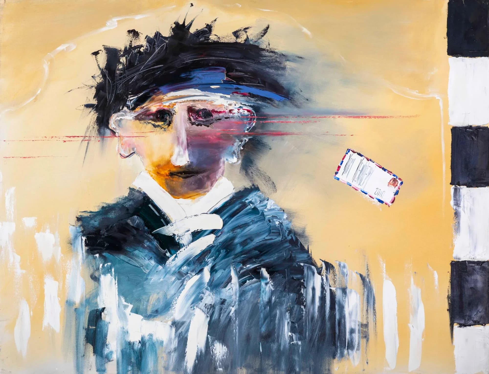 Letter to a Friend: portrait of figure in blue coat with airmail letter, warm yellow ground. Original painting by Kim Kennedy.
