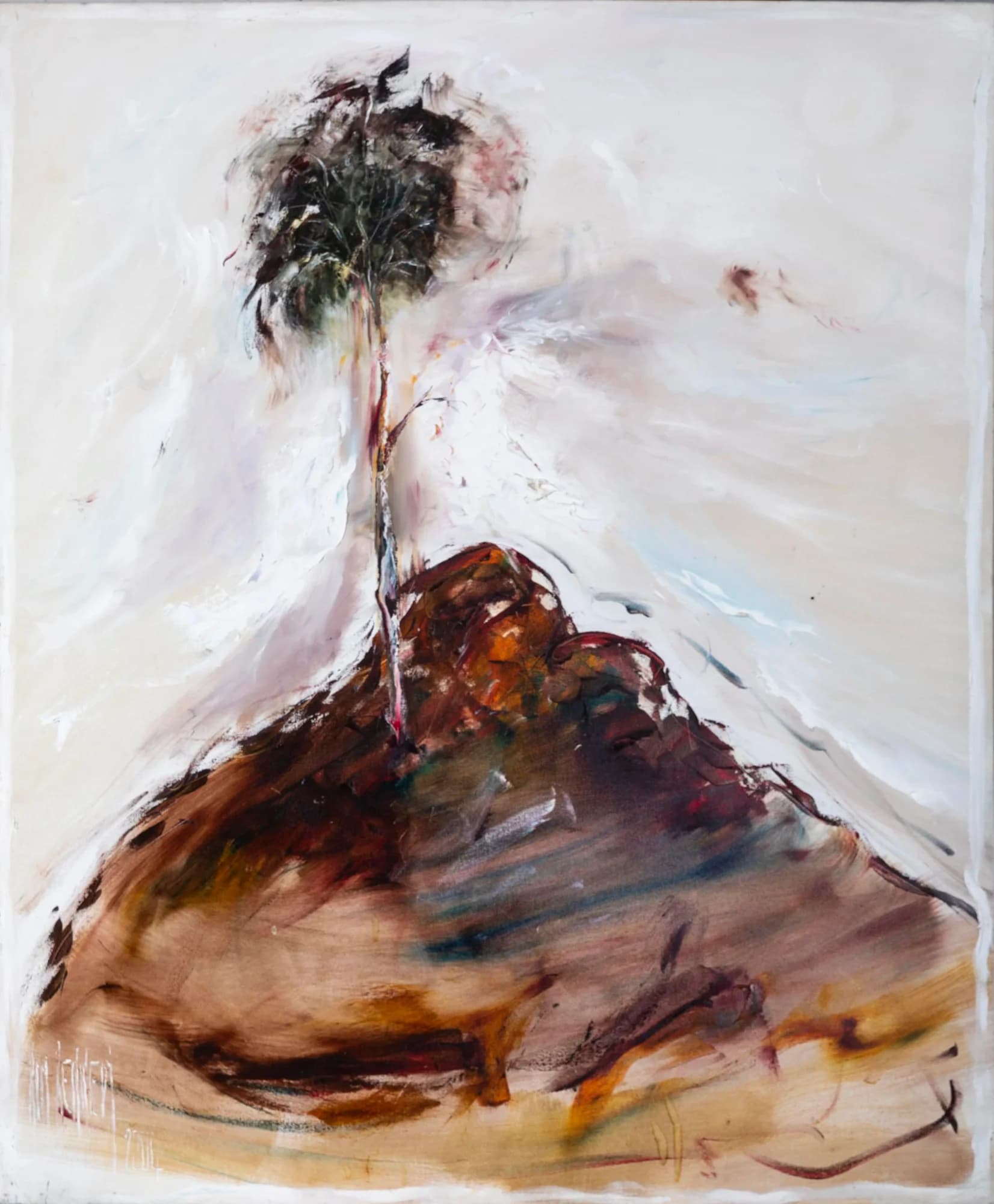 One Tree Hill: lone tree atop rust-brown hill, moody white sky, earthy palette. Original painting by Kim Kennedy.