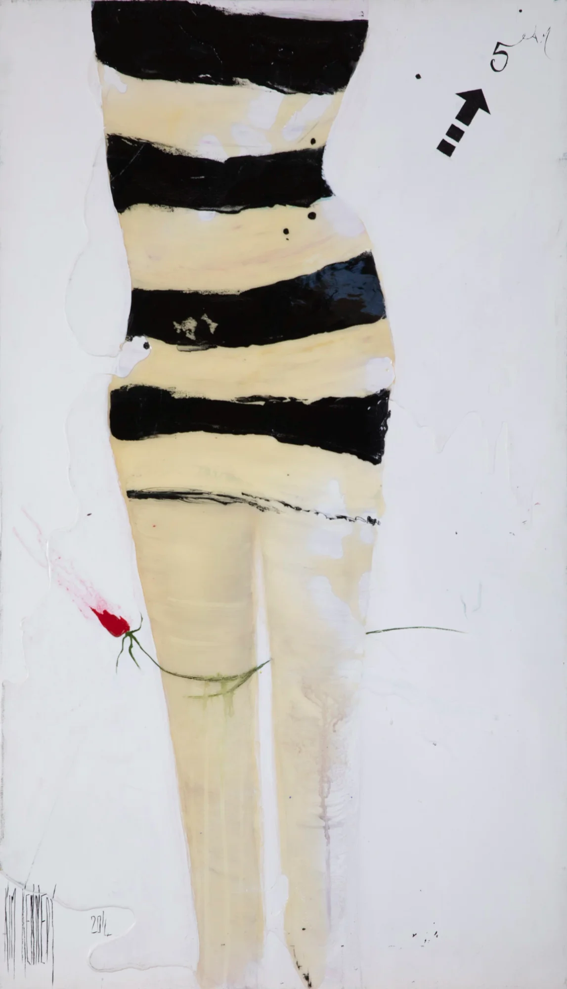 Party Girl: cropped figure in black and cream striped dress with red rose, white ground. Original painting by Kim Kennedy.