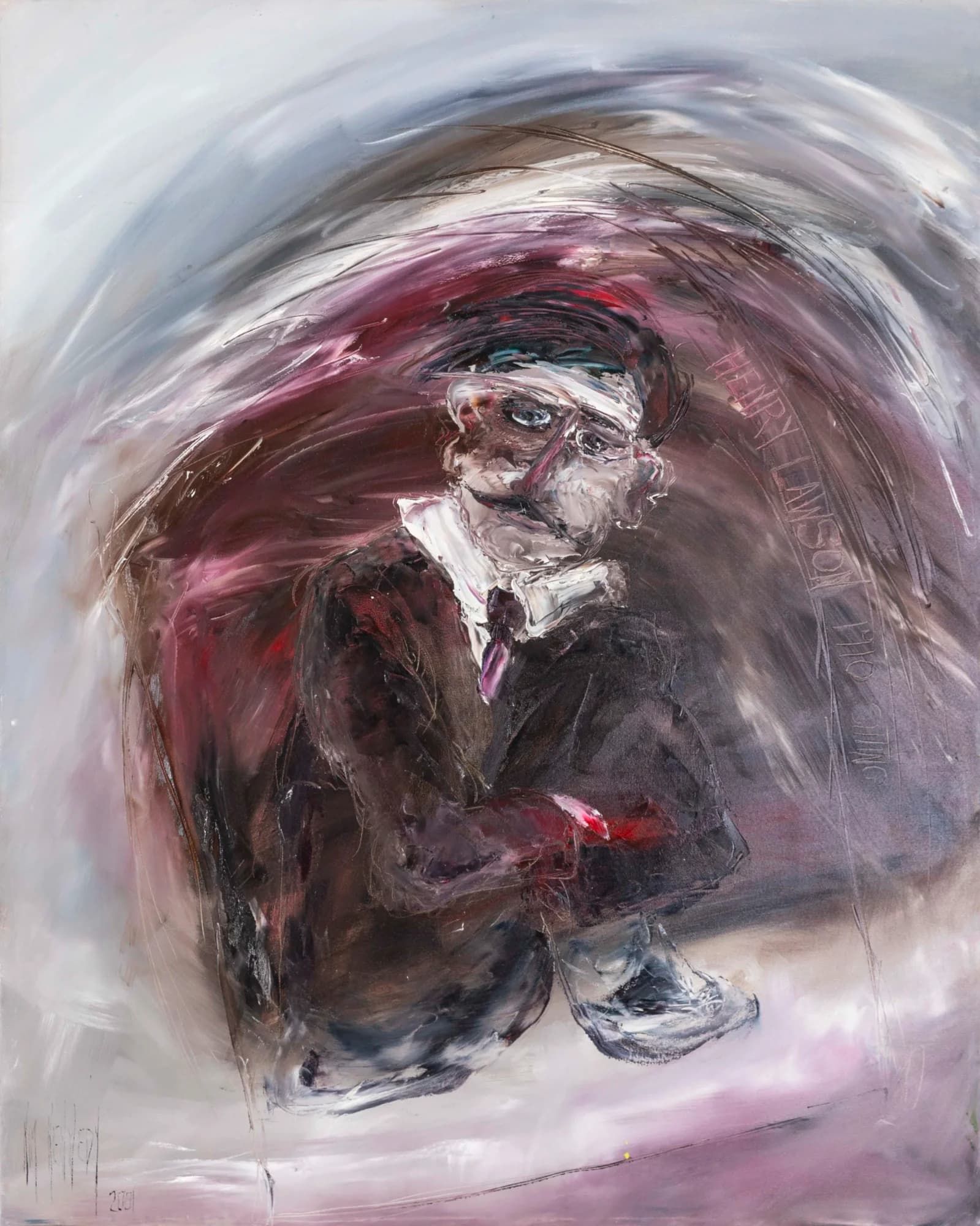 Portrait of Henry Lawson: seated suited man with bandaged head, swirling maroon and grey brushwork. Original painting by Kim Kennedy.