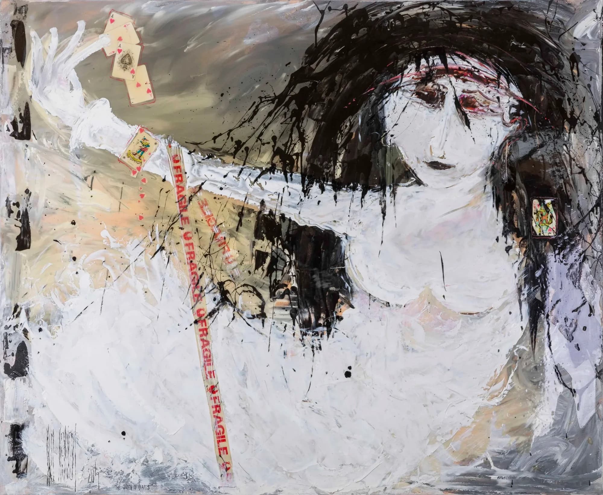 Queen of Hearts: dark-haired woman in white gown scattering playing cards, black and cream palette. Original painting by Kim Kennedy.