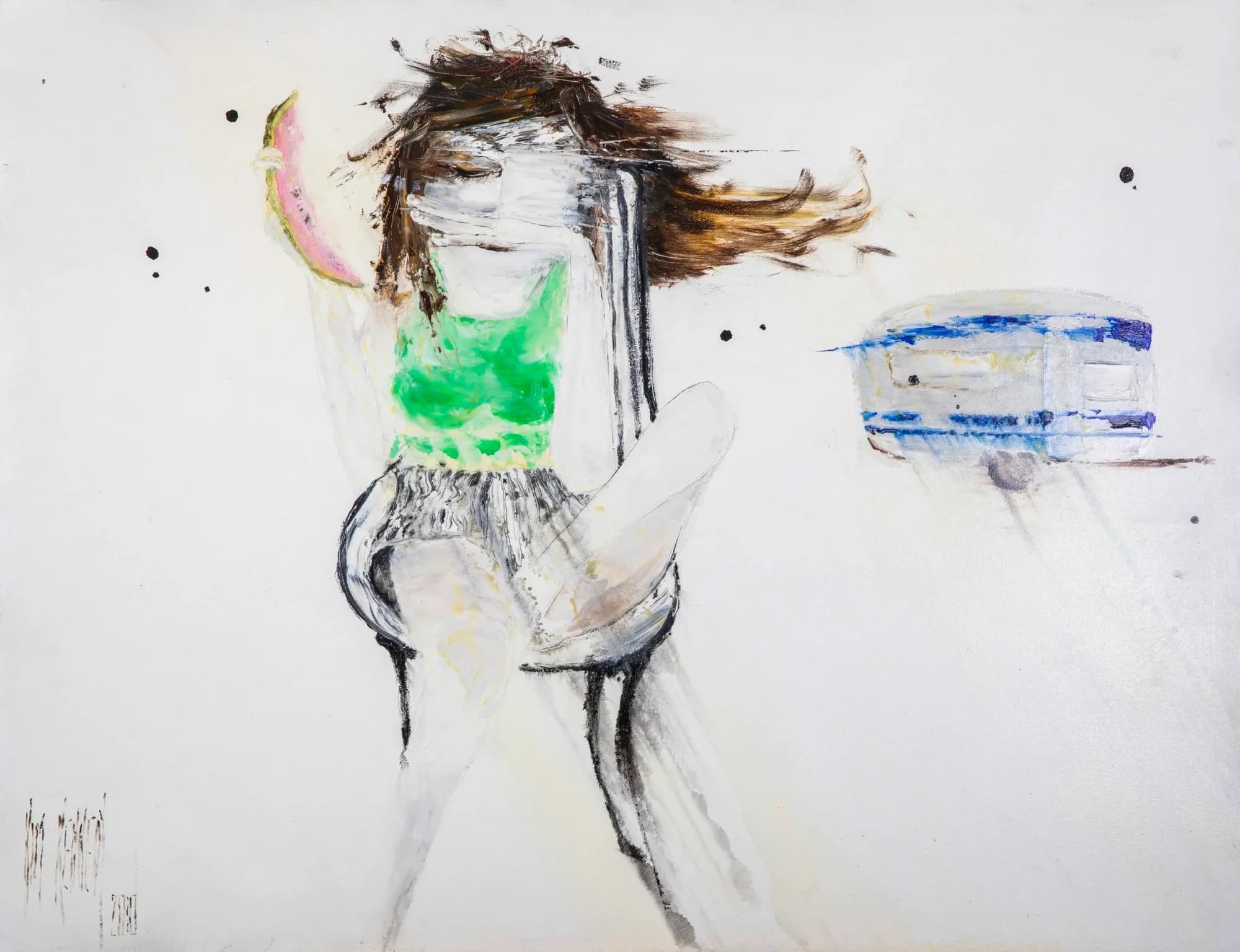 She Who Dreams: girl dancing with watermelon slice, green top, hair flying, caravan sketch, white ground. Original painting by Kim Kennedy.