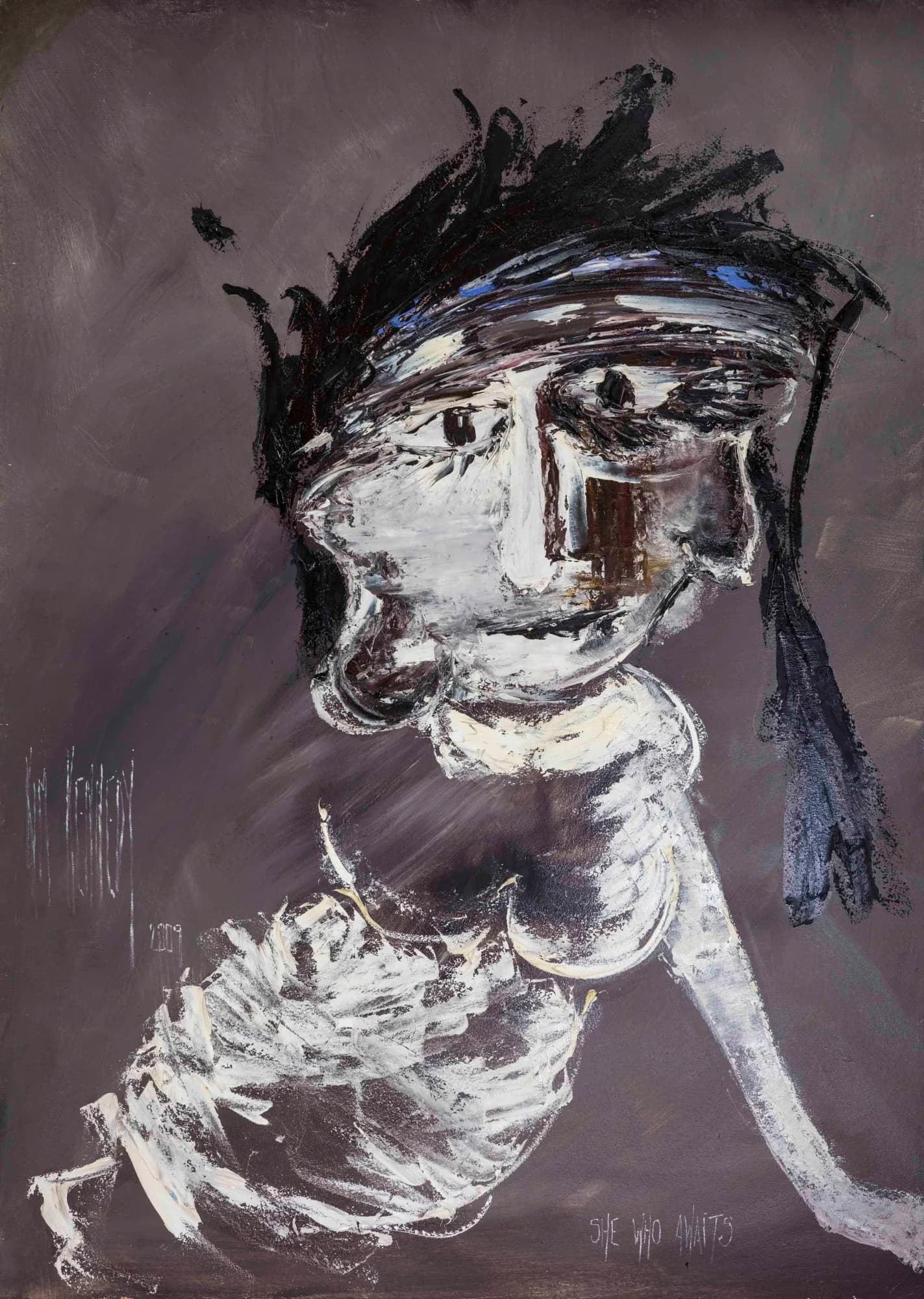 She Who Waits: expressive white-faced woman with black headscarf, thick impasto on grey-mauve ground. Original painting by Kim Kennedy.