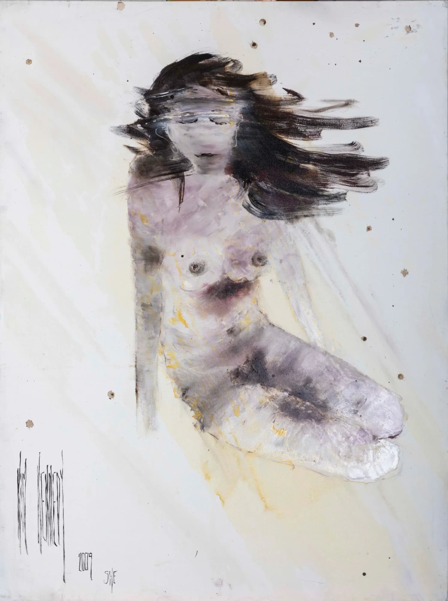 She: seated nude figure with windswept dark hair, soft cream and mauve washes. Original painting by Kim Kennedy.