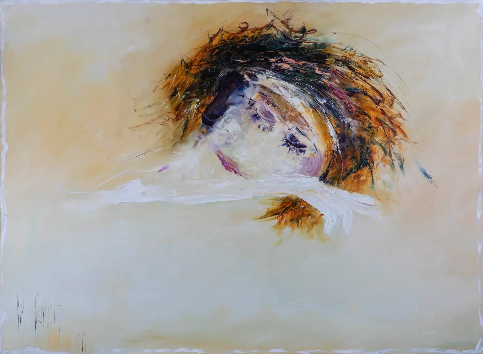 Shy Shy: sleeping woman's face nestled in autumn-toned hair on soft cream field. Original painting by Kim Kennedy.