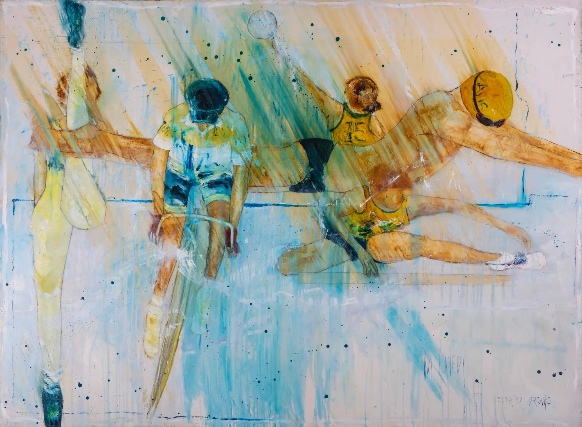 Spirited Dreams: layered netball players and cyclist in yellow and teal washes, dynamic sports scene. Original painting by Kim Kennedy.