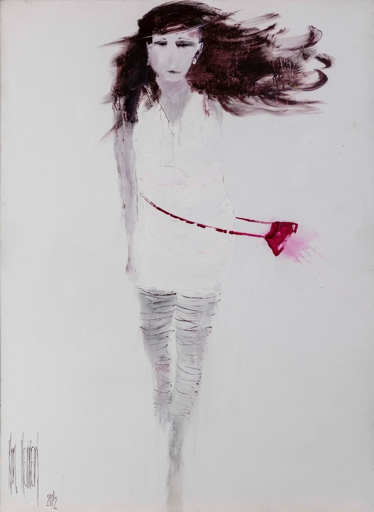 The Big Night Out: girl in white dress with windswept dark hair and red handbag, white ground. Original painting by Kim Kennedy.