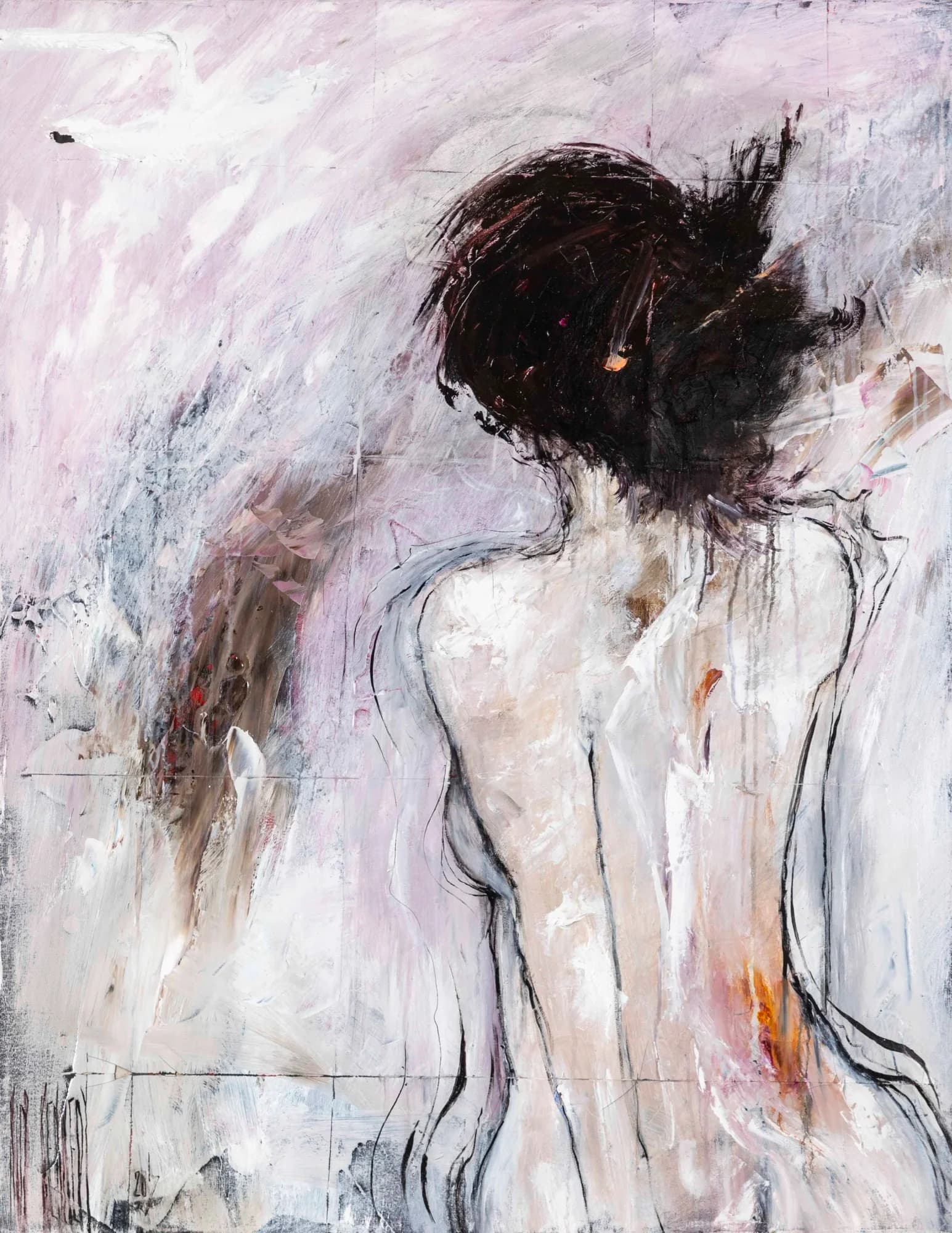 The Girl In The Bathroom: nude woman from behind, dark hair, expressive white and lilac brushwork. Original painting by Kim Kennedy.
