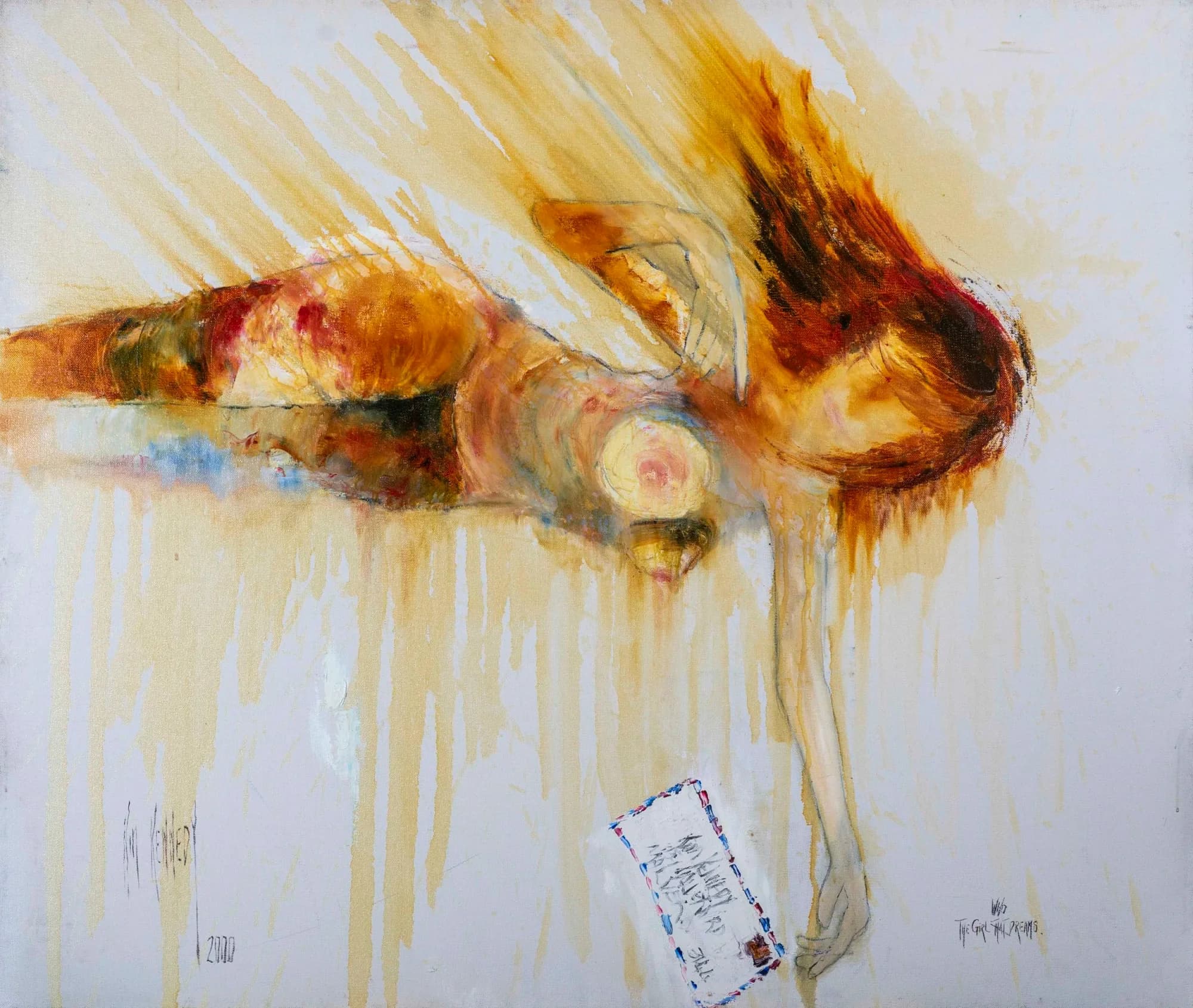 The Girl Who Dreams: reclining red-haired figure in dripping amber ochre washes with collaged envelope. Original painting by Kim Kennedy.