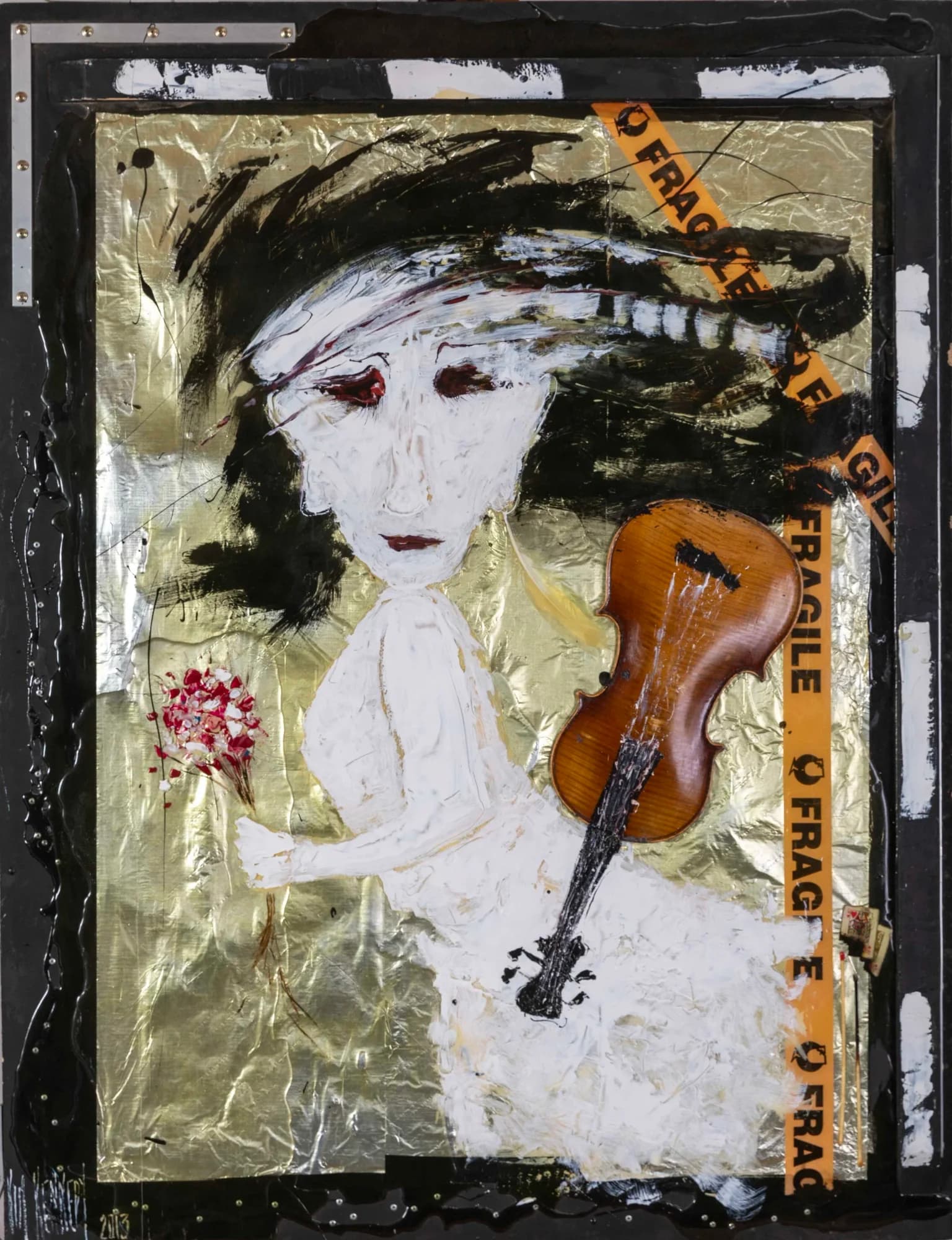 The Girl With Violin: pale woman with violin and red posy on gold-leaf ground, fragile tape collage. Original painting by Kim Kennedy.