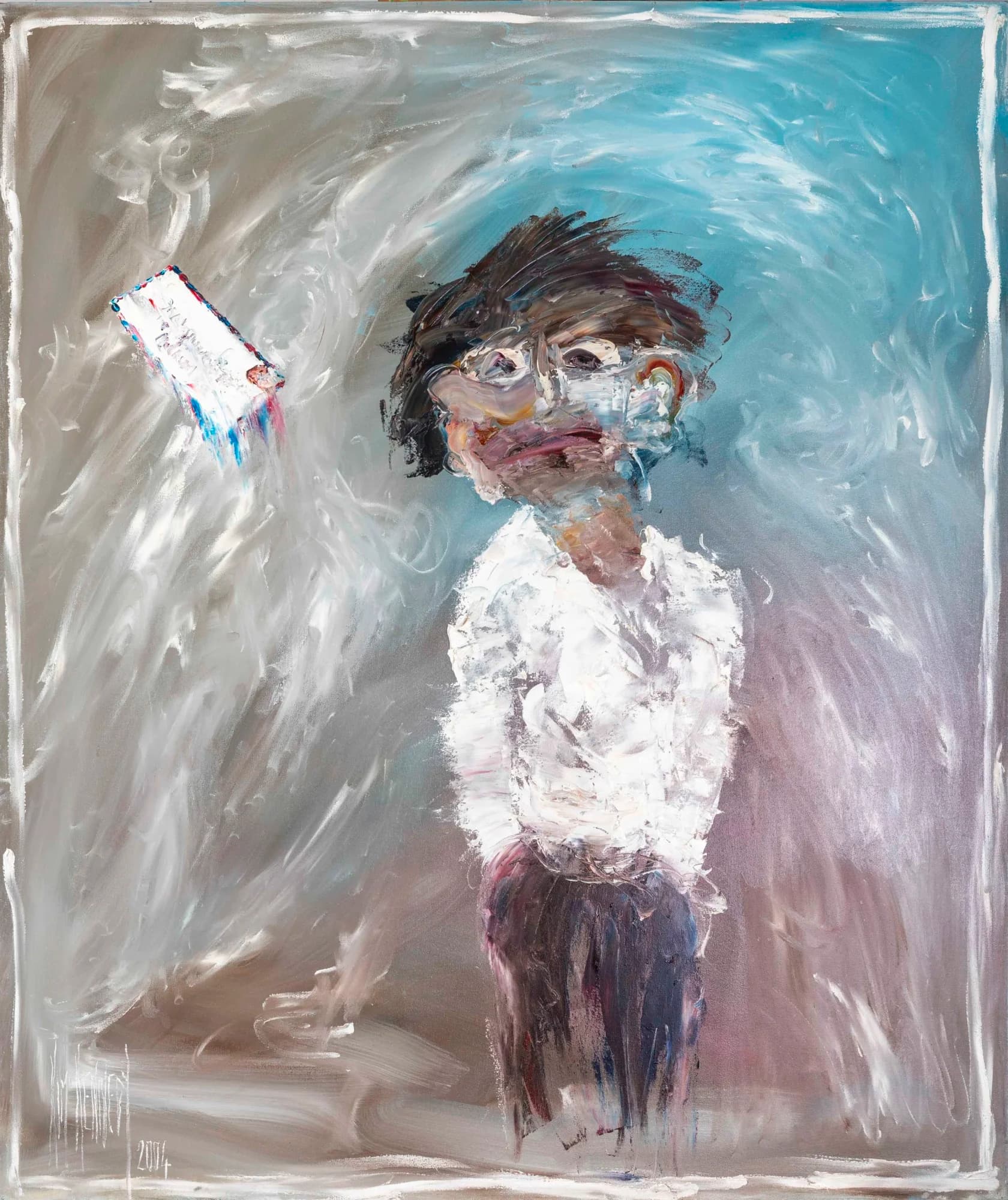 The Immigrant: boy in white shirt with floating letter, swirling teal and grey ground. Original painting by Kim Kennedy.