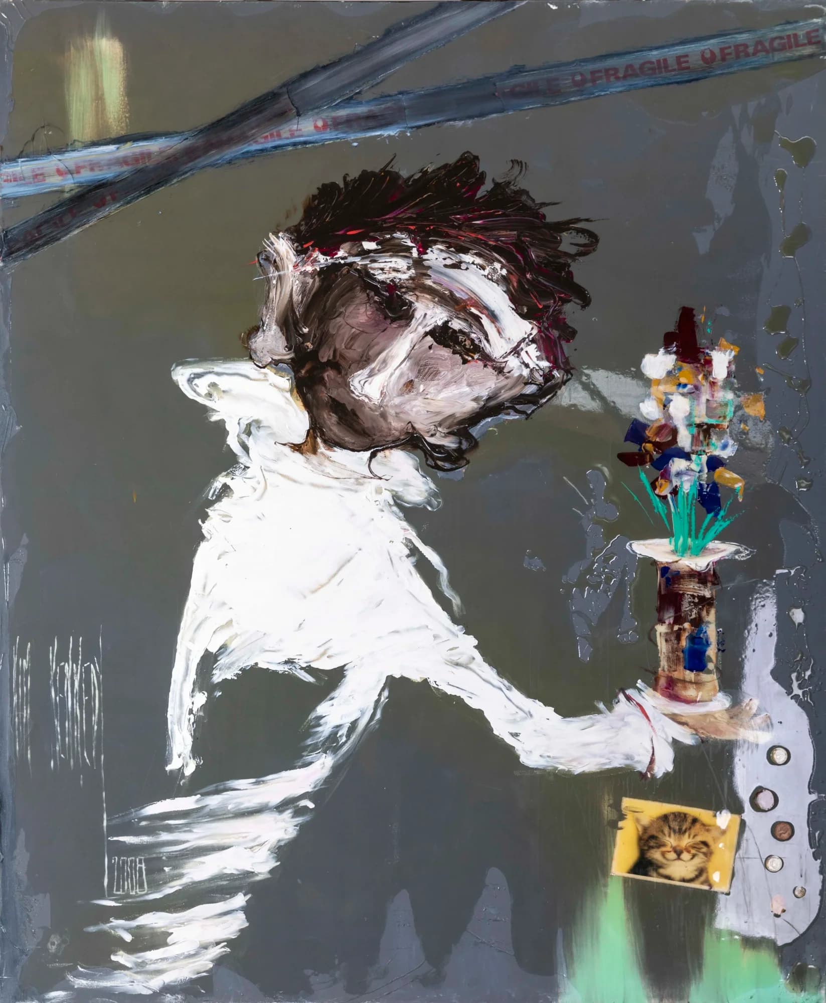 The Visitor: figure in white offering collaged flowers on grey ground, cat photo detail. Original painting by Kim Kennedy.