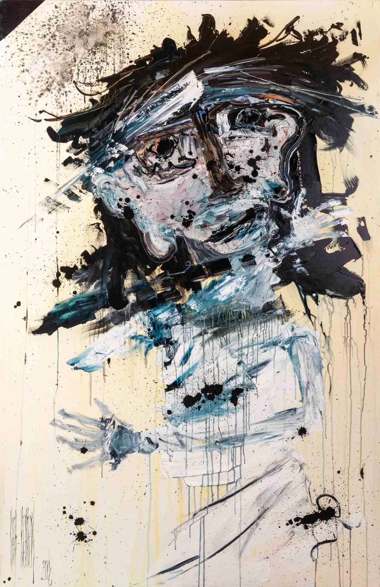 The Waitress: gestural ink-splattered portrait of dark-haired waitress, black drips on cream. Original painting by Kim Kennedy.