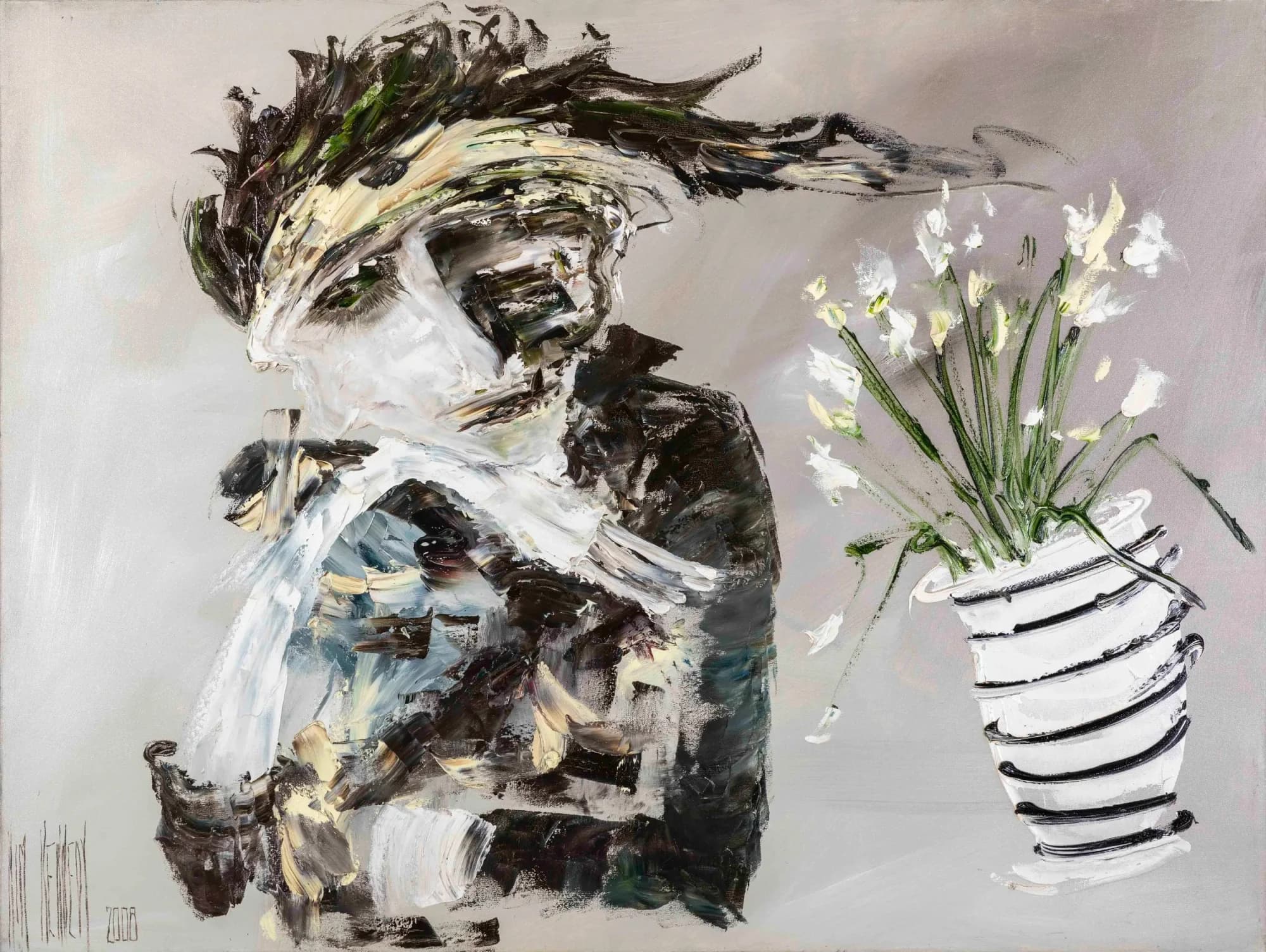Thinker: palette-knife figure with wild dark hair beside striped vase of white flowers. Original painting by Kim Kennedy.