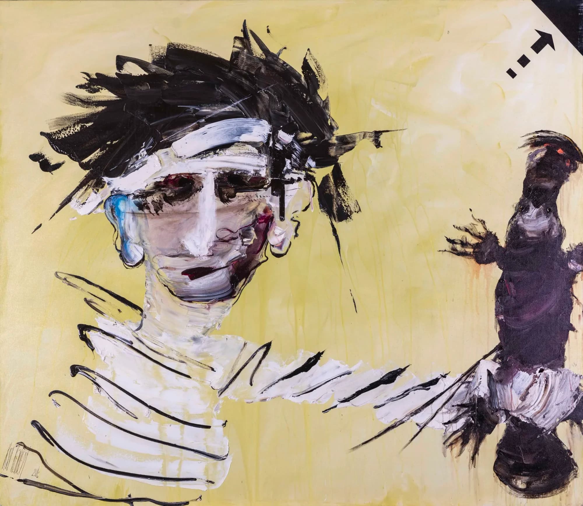 To Catch a Platypus: striped-shirt figure reaching toward dark platypus on yellow ground. Original painting by Kim Kennedy.