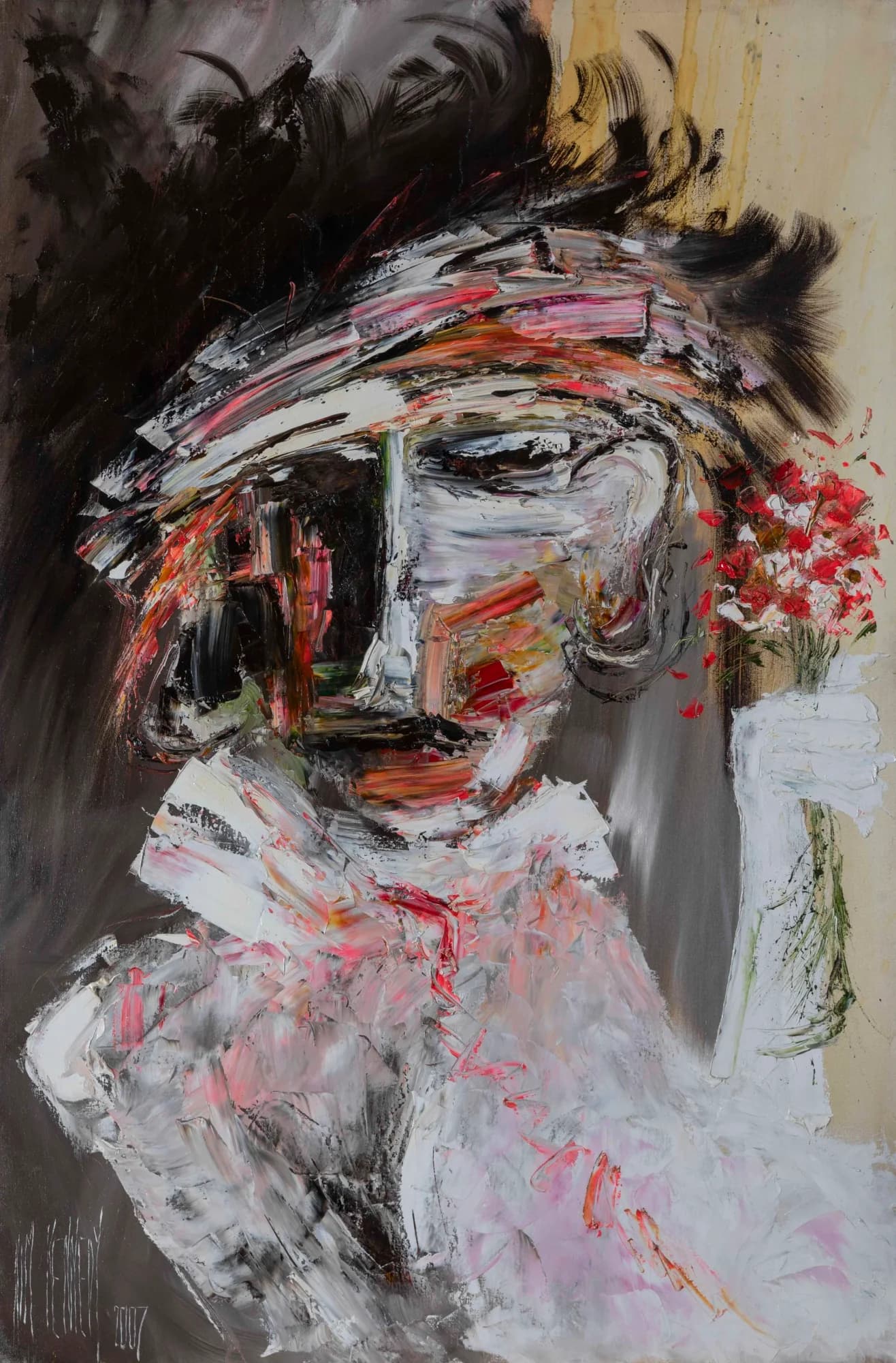 Wendy: impasto portrait of woman in multicoloured hat holding red flowers, pinks and blacks. Original painting by Kim Kennedy.