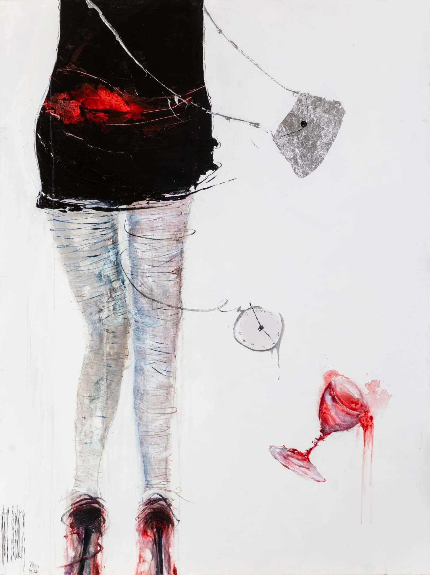 Wine Time: woman's legs in black skirt and red heels, spilled red wine glass, white ground. Original painting by Kim Kennedy.