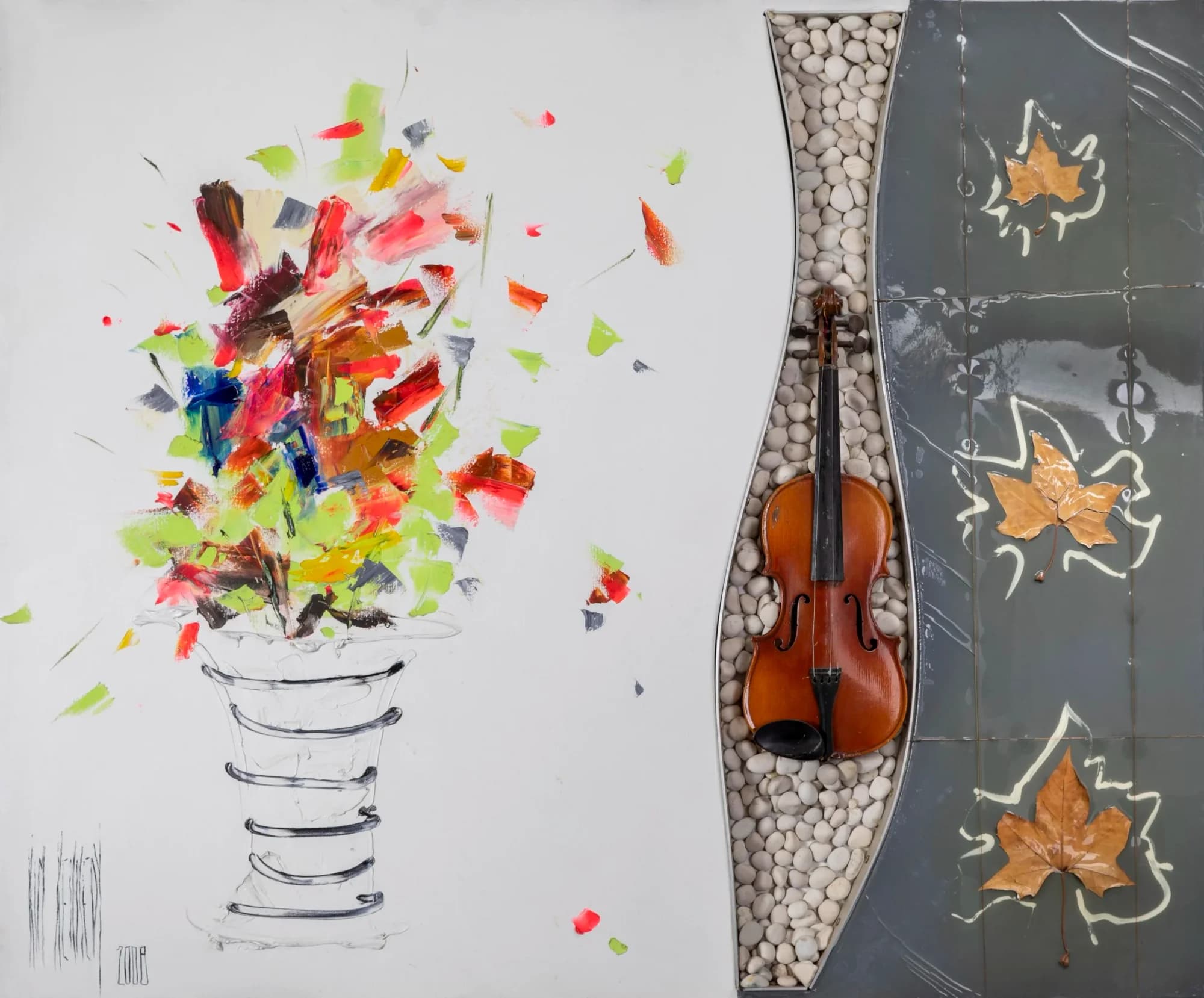 Autumn Symphony: mixed-media bouquet of red green confetti strokes with real violin and copper leaves. Original painting by Kim Kennedy.