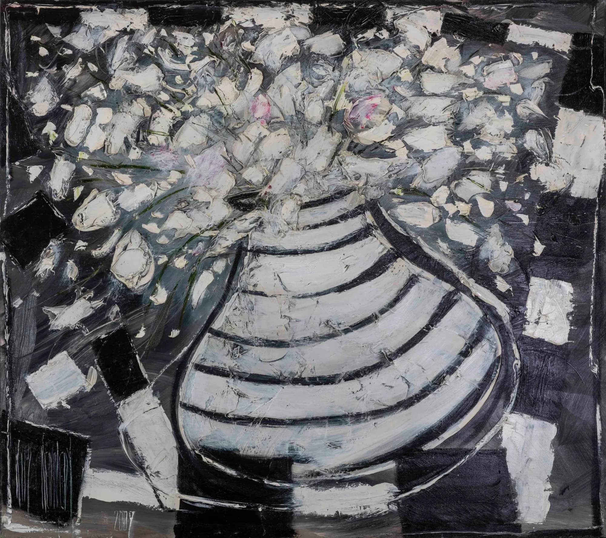 Black and White Stripes: white tulip bouquet in striped vase, monochrome black and white checkered ground. Original painting by Kim Kennedy.