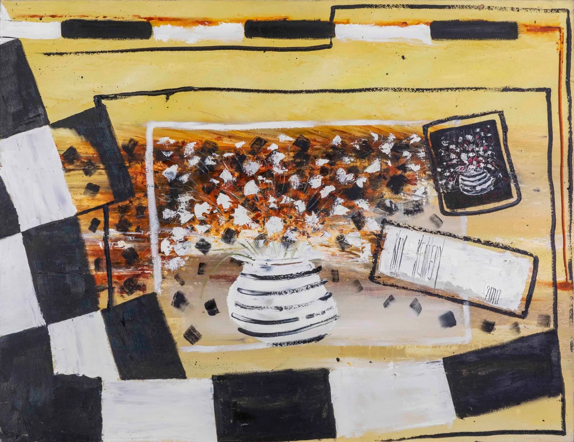 Flower Pot and Letter: striped vase bouquet with letter on warm ochre yellow, black checkered border. Original painting by Kim Kennedy.