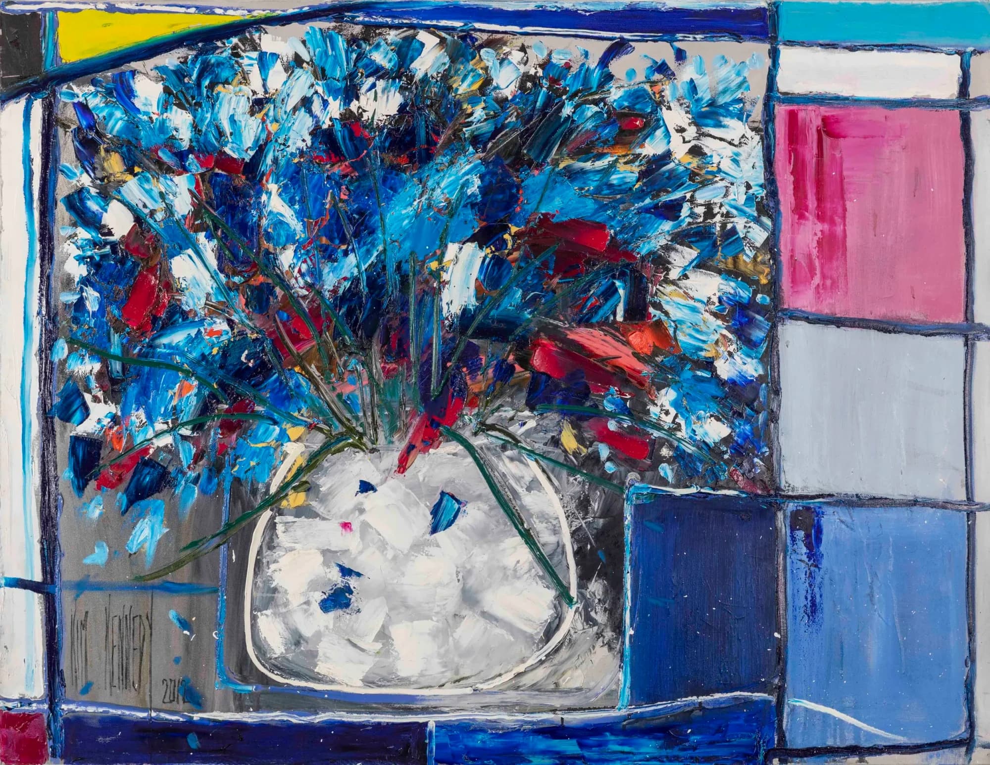 Flowers and the Leadlight Window: vibrant blue and red impasto bouquet before pink and blue leadlight window. Original painting by Kim Kennedy.