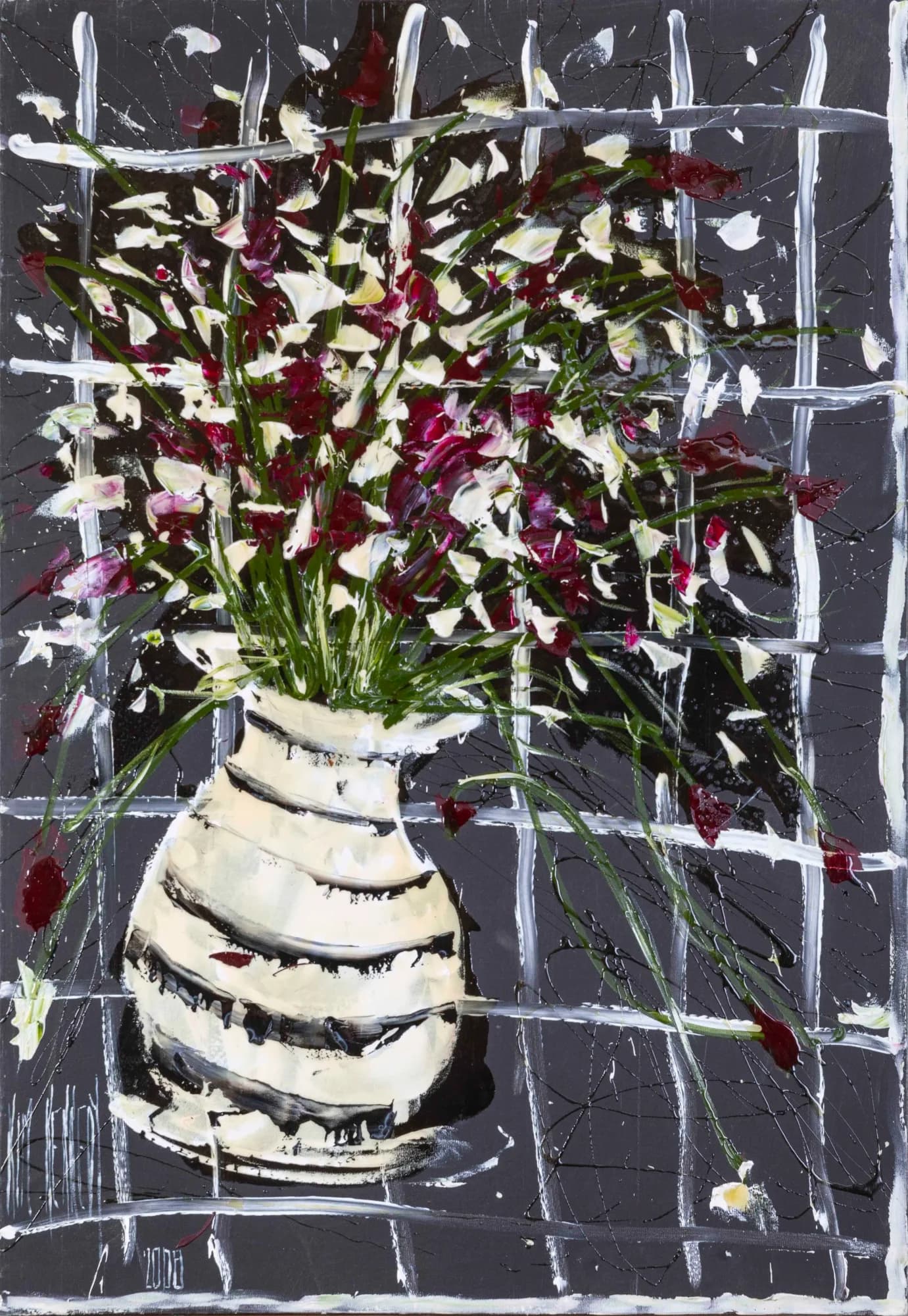 Flowers From the Garden: burgundy and white wildflowers in striped cream vase on charcoal grid. Original painting by Kim Kennedy.