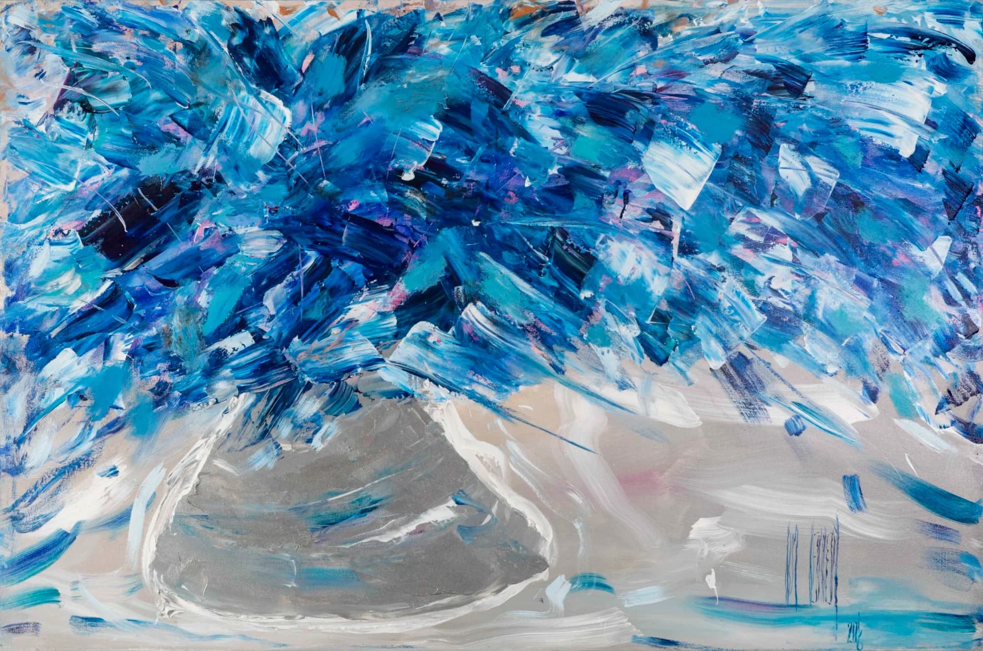 From The Garden: sweeping cobalt and turquoise abstract bouquet in grey vase, silvery ground. Original painting by Kim Kennedy.