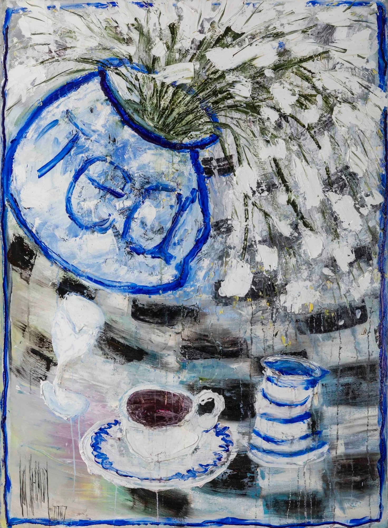 Tea Pot and Wine: blue and white still life with Tea pot, teacup and striped jug. Original painting by Kim Kennedy.
