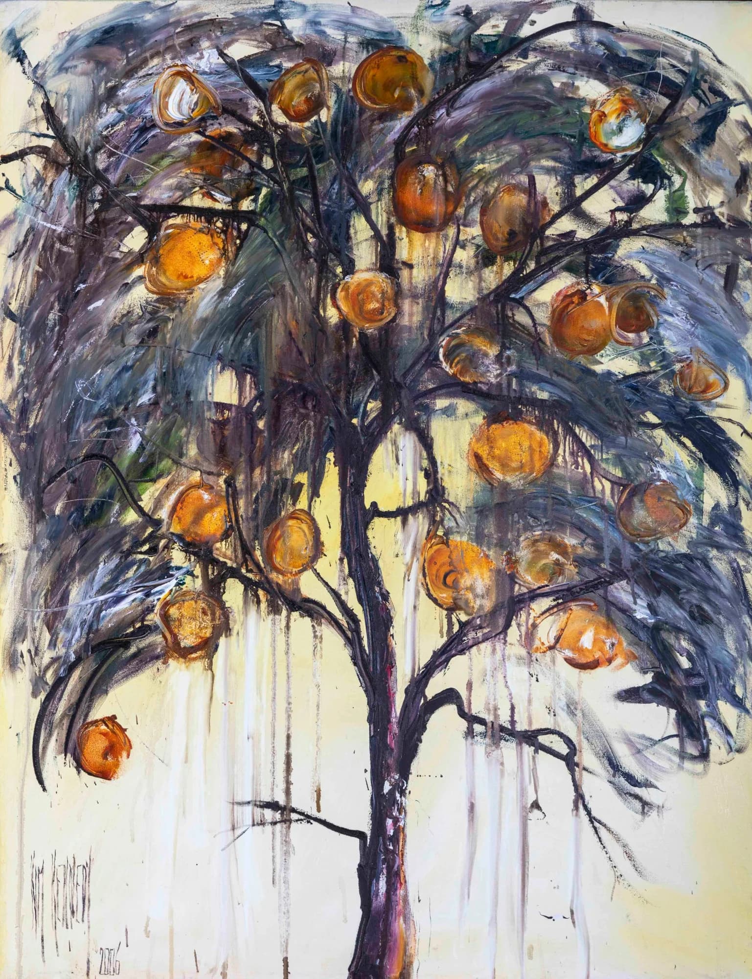 The Lemon Tree: expressive tree laden with golden lemons, dripping charcoal branches, cream ground. Original painting by Kim Kennedy.