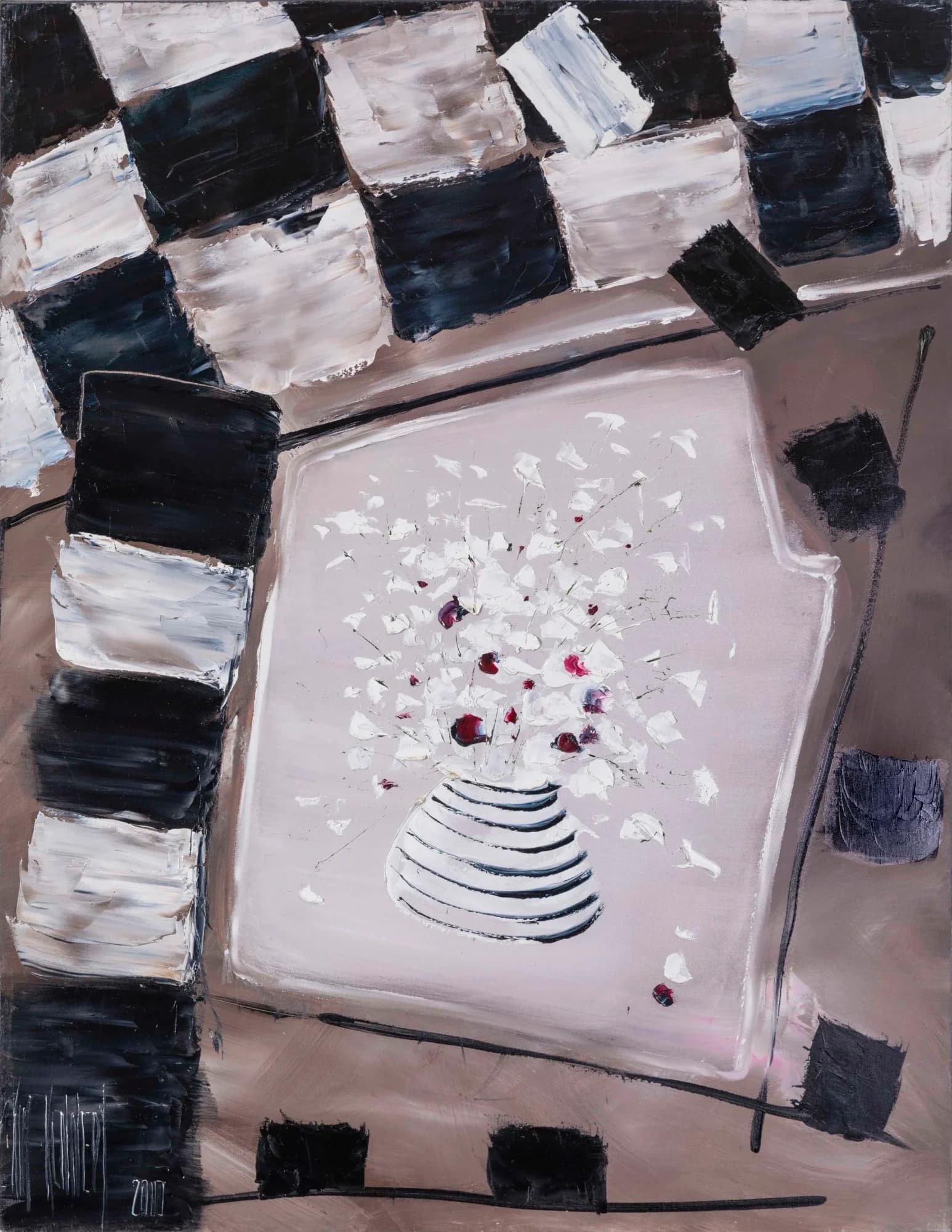 Through the Window: white and crimson posy in striped vase framed by black checkered border. Original painting by Kim Kennedy.